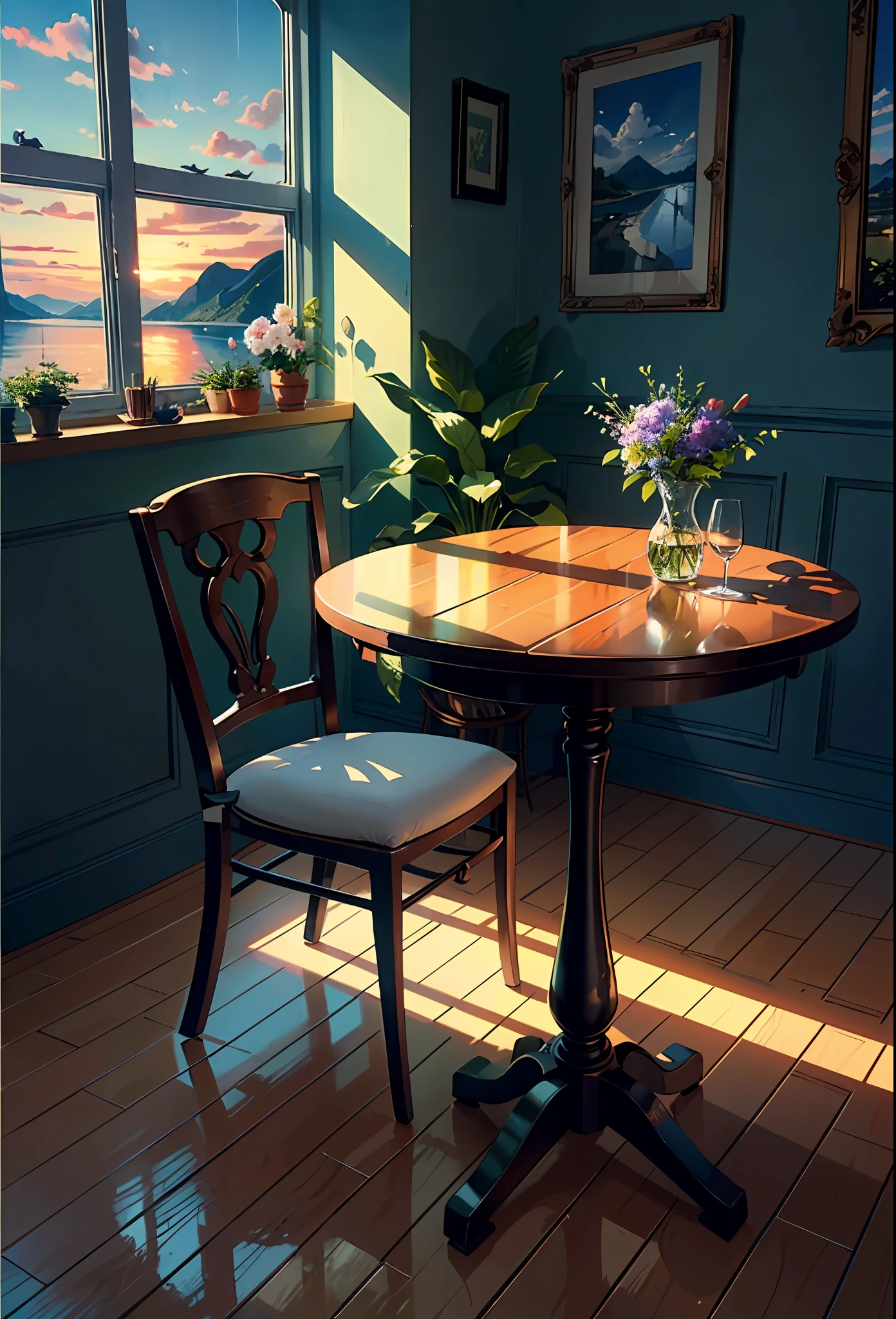 Kitchen, fruits, vegetables, pots, cups, plates, teapot, glasses, watercolor, huge, potted plants, flowers in a vase, figurines, rocking chair, birds, cat, expensive and cozy interior, creative workshop, décor, Cozy artist's workshop, easel, color palette, acrylic paints, paintings, large windows, loggia, art, awards, table, sofa, armchairs, mirror, crystals, meditation, harmony, many books on the walls, paintings on the walls, view from the window, sea, mountains, amazing sunset, floral arrangements, paints, brushes, artist's theme, elegant, dynamic bright lighting, happiness, full color, multicolored, artful, highest detail, super quality, small details, highlights, neon lights, masterpiece, best colors