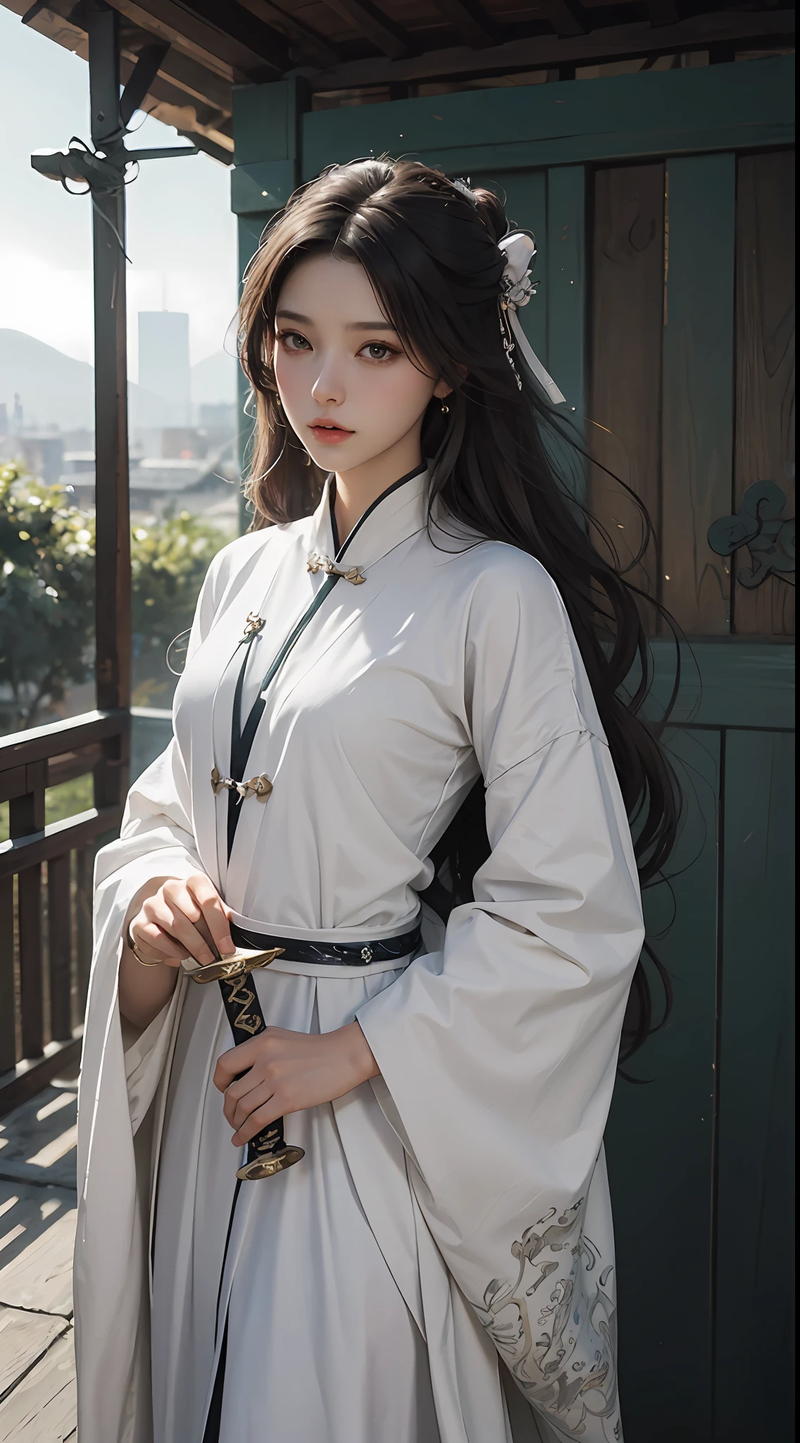 a close up of a woman with a sword in a white dress, a character portrait by Yang J, trending on cgsociety, fantasy art, beautiful character painting, artwork in the style of guweiz, guweiz, white hanfu, flowing white robes, full body wuxia, epic exquisite character art, stunning character art, beautiful female assassin --auto