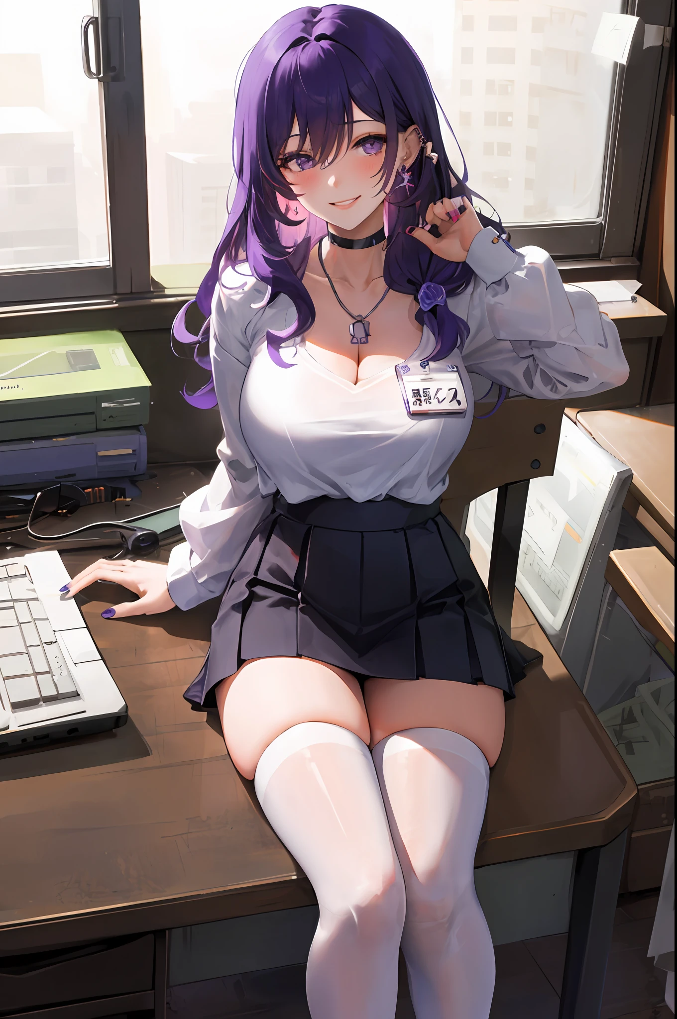 Keqing, genshin impact, 1girl, solo, ((white shirt)), black thighhighs, breasts, cleavage, uniform, office background, black skirt, pleated skirt, office, hair between eyes, messy hair, large breasts, long hair, looking at viewer, purple hair, choker, pierce, ear piercing, lip piercing, purple short nails, purple eyes, solo, thighhighs, thighs, very long hair, ((masterpiece)), sitting, chair, desk, computer on desk, name tag, id tag, indoor, blush, smile, show teeth, sexy pose,