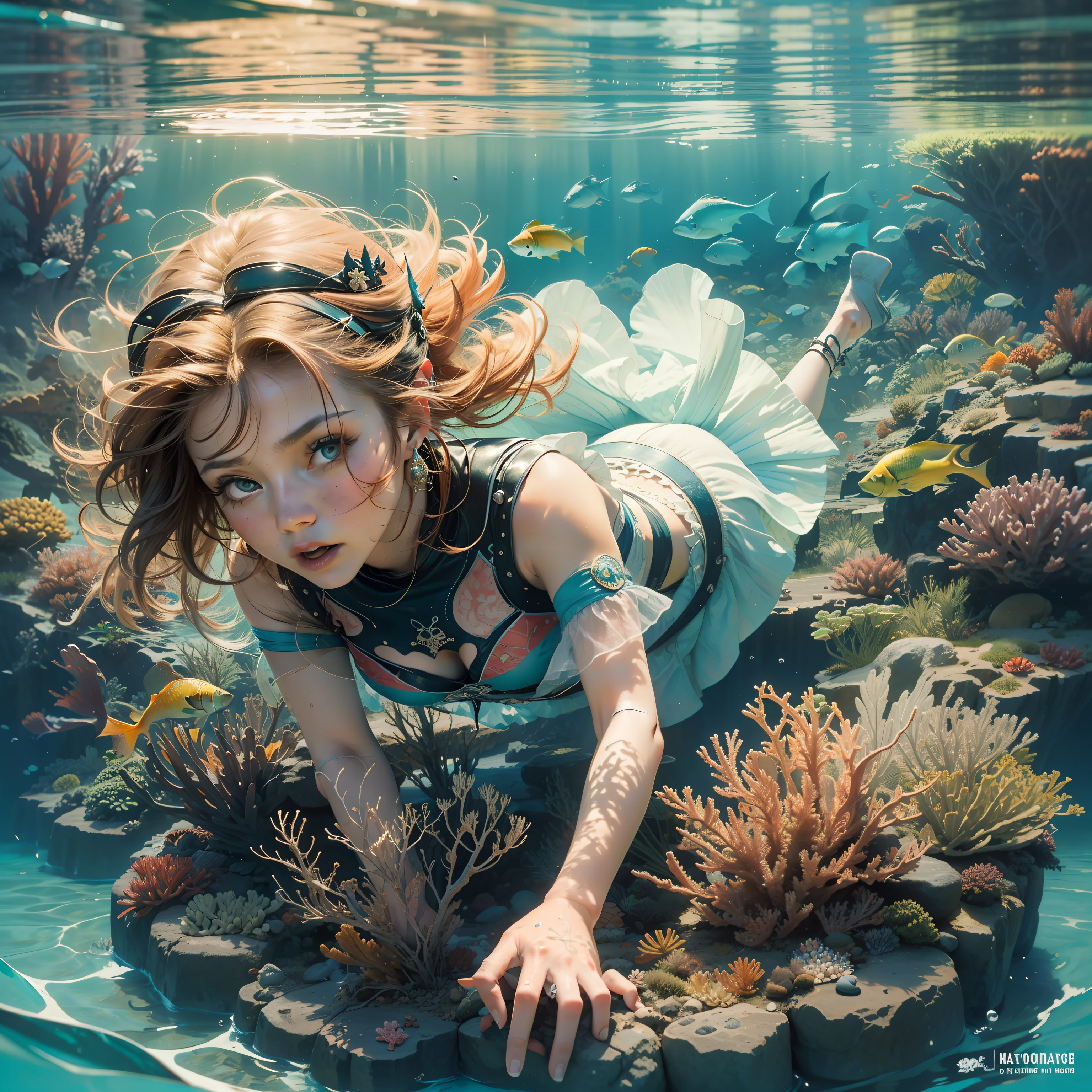 Girl diving with a colorful dress,camera away,colorful fish,clear water,sea,colorful corals,magic,artwork,hawaii,megalomania,thalassophobia,detailed face,hand drawn,art nouveau