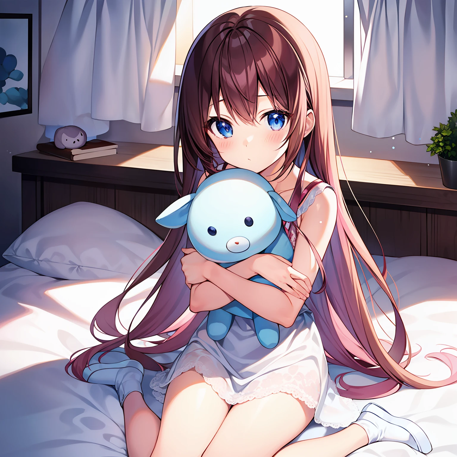 anime girl sitting on bed facing viewer holding plushie, shy, brown hair with pink streaks, tapestry, pixiv, white lingerie, cute, shy anime girl, masterpiece, kawaii,