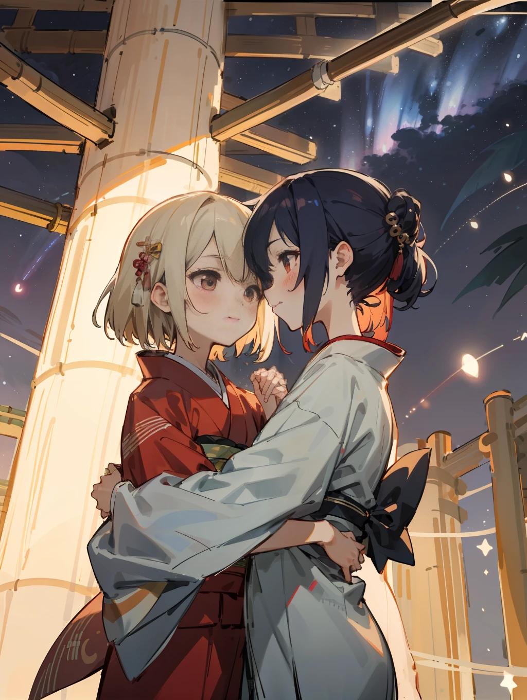 Masterpiece, super high quality, super detail, perfect drawing, Japan people, two beautiful girls, in yukata, kimono, hugging, staring at each other, blush (0.2), night view, coolness, bamboo, tanabata, milky way summer triangle, scenic, wind current, elegance, beautiful background, accurate drawing, detailed drawing