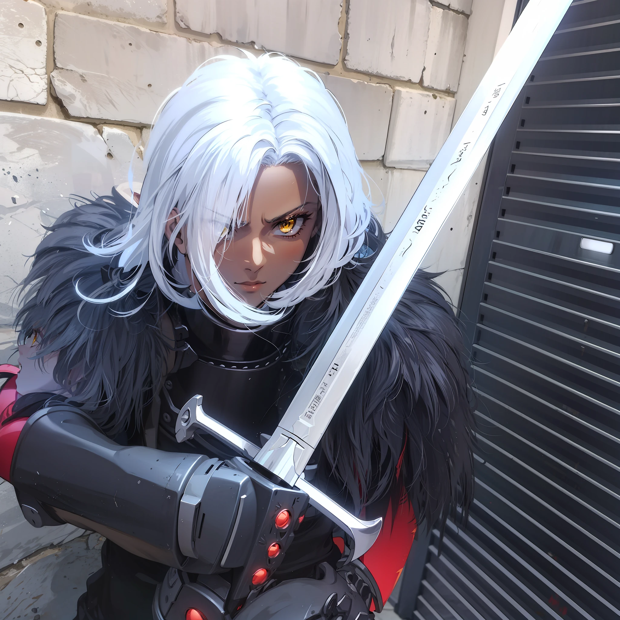 Boy, brown skinned, holding a sword with both hands, pointed ears,4k, yellow eyes, black armor
