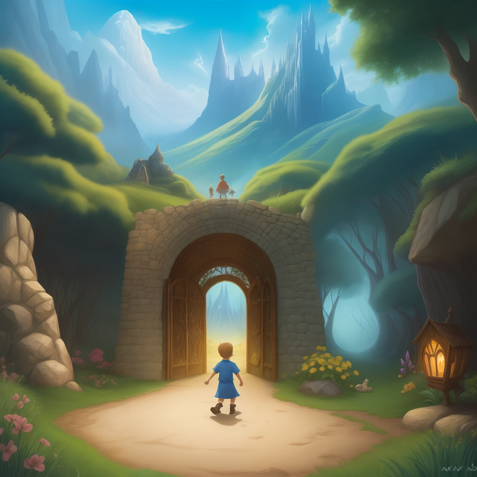 Illustrate Peter finding the golden key in the park,Create an image of the enchanted portal to the magical world,Draw Peter crossing the portal and arriving at the Magic Land,Represent the fantastic creatures and stunning landscapes that Peter encounters upon entering the magical world. --auto