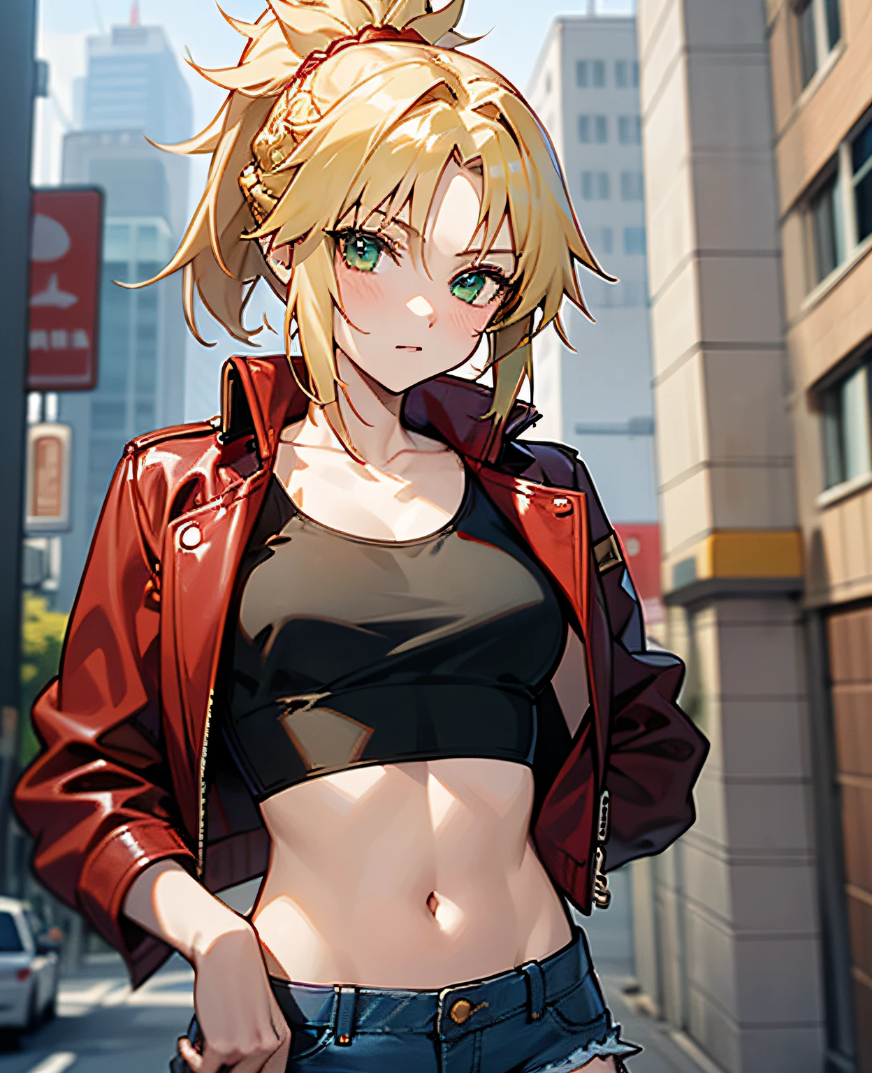 masterpiece, best quality, illustration, city street, 1girl, mordred \(fate\), cowboy shot, skinny, collarbone, detailed blonde hair ponytail braid, green eyes, red leather jacket, white crop top, denim shorts --auto