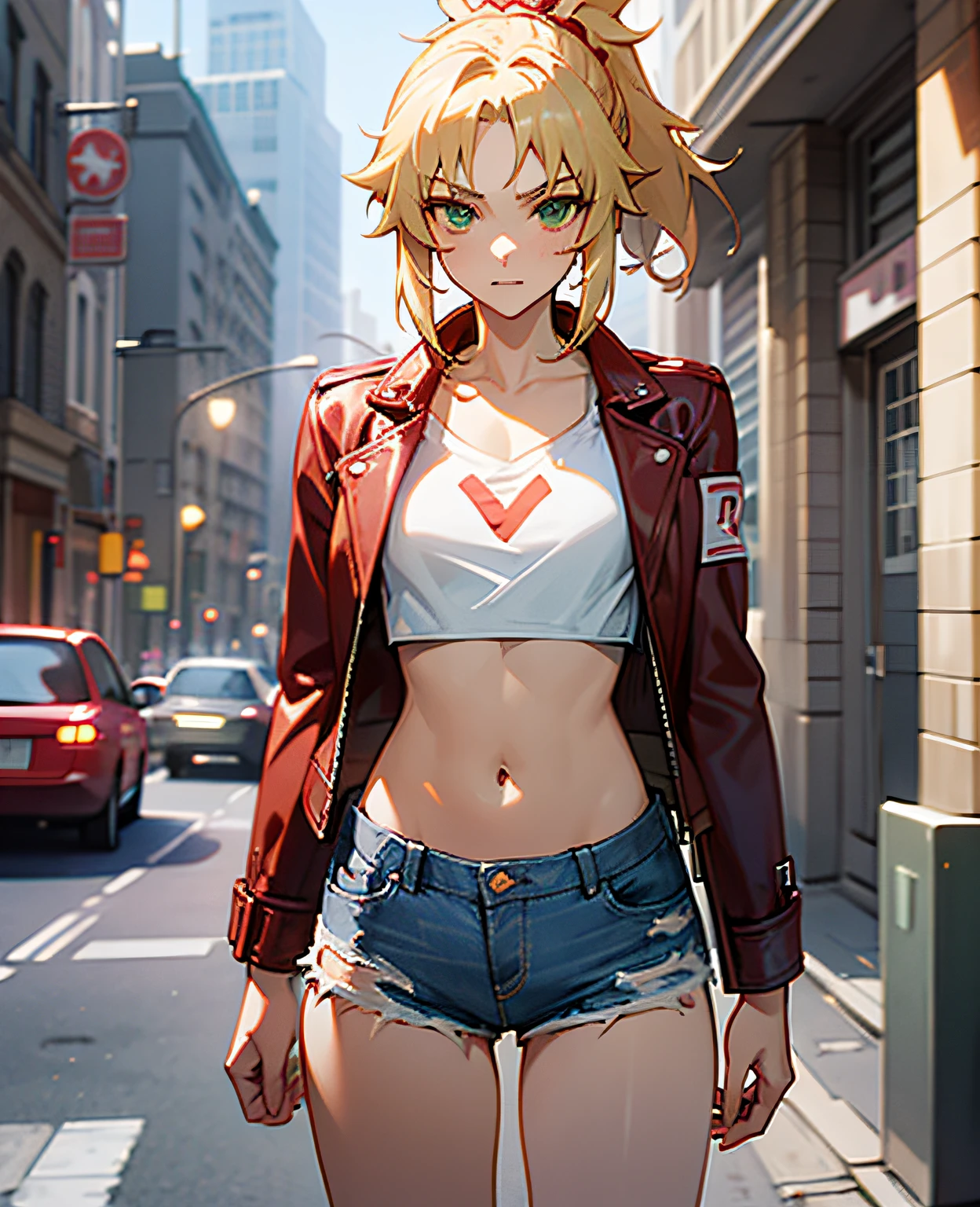 masterpiece, best quality, illustration, city street, 1girl, mordred \(fate\), cowboy shot, skinny, collarbone, detailed blonde hair ponytail braid, green eyes, red leather jacket, white crop top, denim shorts --auto