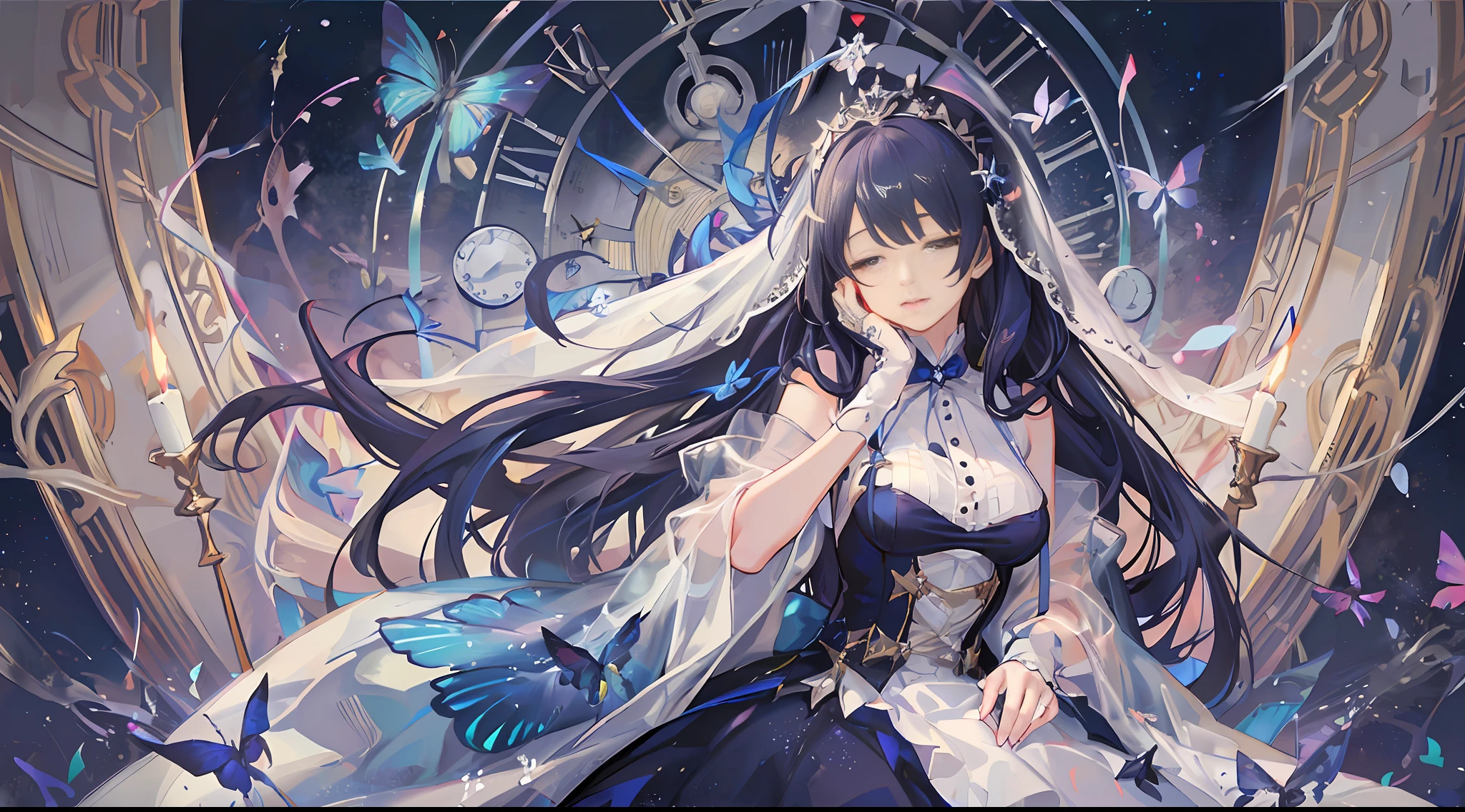 (extremely detailed CG Unity 8k wallpaper, best quality, masterpiece), ((4k, masterpiece, best quality)), a woman with a sisterly feel but a little mature, long navy blue hair, long hair and waist, loose hair, shawl, emerald green eyes, (single), sitting on a star, full of stars, left hand slightly raised, ring on the ring finger of the left hand, dark blue oversized swing princess dress, wearing a white researcher-style coat, hidden stars under the skirt, dark blue butterflies flying around, theater background, Star curtain, wearing a dark blue veil with stars, suspenders, closed eyes and sleep