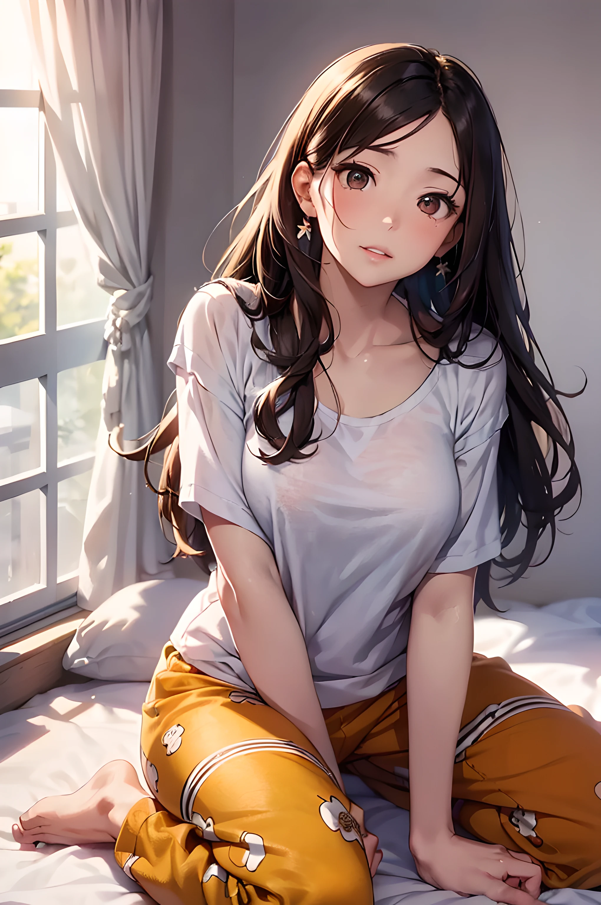 (masterpiece), (portrait), (aesthetic), (beautiful), (upper blody), (high quality), (aesthetic clothings), (professional angle), (rule of thirds), (Feminine), (woman), (female), (beautiful),(feminine features), (21 years), solo, 1 woman, (attractive Japanese), Spring, (Soft Sunlight), (Morning), (Warm light), ((Arms Stretching, sitting)), sitting in bed, (Arms over Head Hands), ((Looking Upward Face)), ((Peaceful)), (Natural Make-up), (Moderate Bust), (-), ((Long Hair)), (Brown Hair), (Straight Hair), (Loose Waves hair), (- in Hair), (Wide Open Eyes), (Brown Eyes), (Cozy and Relaxed Look), Fair skin, (- Clothing), (Oversized T-Shirt), (-), (Pajama Pants ), (Scoop Neck Neckline), ((Sunlight Filtering In background)), (Wide Shot Shot), beautiful hands, two hands, normal hands, two arms, complete hands, beautiful body, beautiful fingers, normal fingers, five fingers, five fingers, beautiful ears, normal ears, beautiful eyes, shiny eyes, beautiful mouth, beautiful lips,