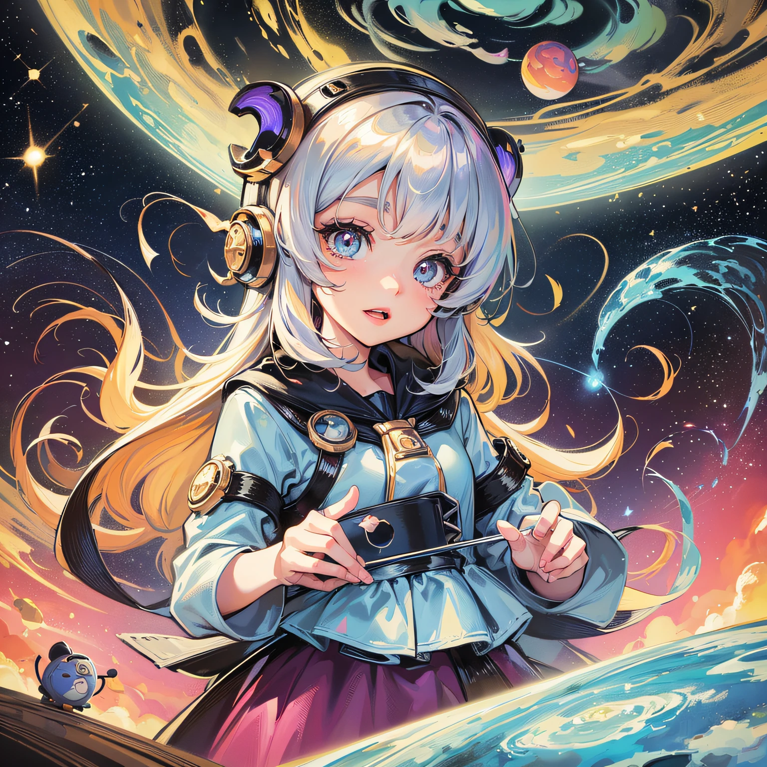 absurd res, high res, (masterpiece:1.4), ultra-detailed, 1girl, from above, space, floating
