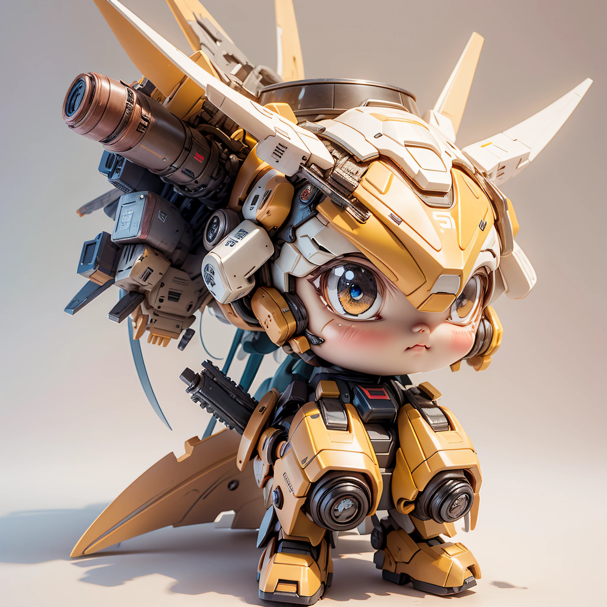 There is a mini Gundam mech, cute, 3d rendering, little robot, male portrait anime, cute 3d anime rendering, cute detailed digital art, mini cute mech, 3d rendering stylized, 3d rendered character art 8k, cute digital painting, anime style 3d, super detailed rendering, weapon in hand,