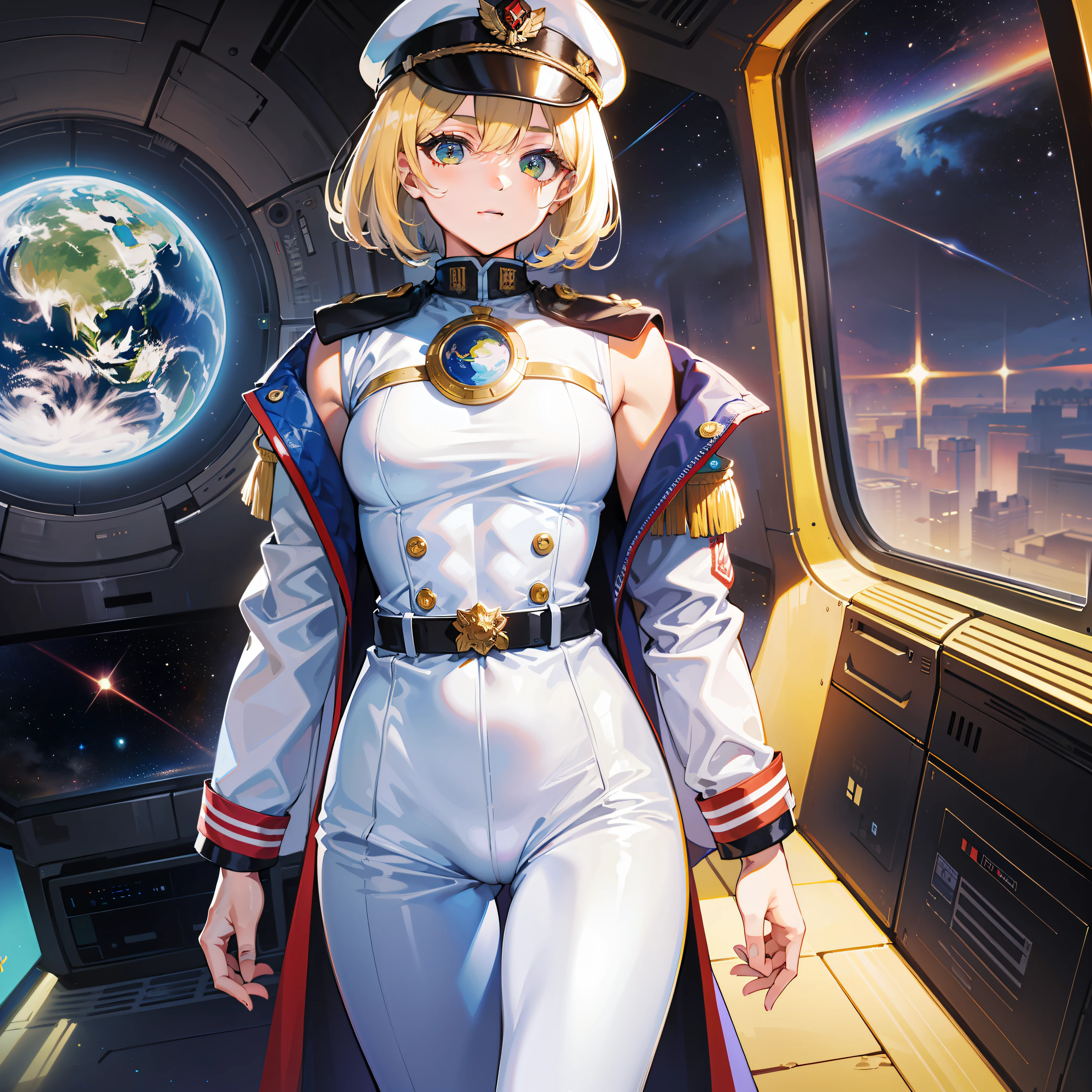 ((Masterpiece)), ((Highest Image Quality)), ((Best Quality)), (Illustration of One Girl), Full Body, 25 Years Old, (Neutral), Blonde, ((Short Hair)), ((Short Neckline)), Green Eyes, (Flat)), Small, (((Tall)), ((Muscular Strong Body)), (Army Uniform)), (Military Hat)), (Army Coat)), (White Clothes), (White Pants), (White Hat), Trench Coat, (( Inside the spaceship)), (outside the window, space, Earth seen from space, spaceport)