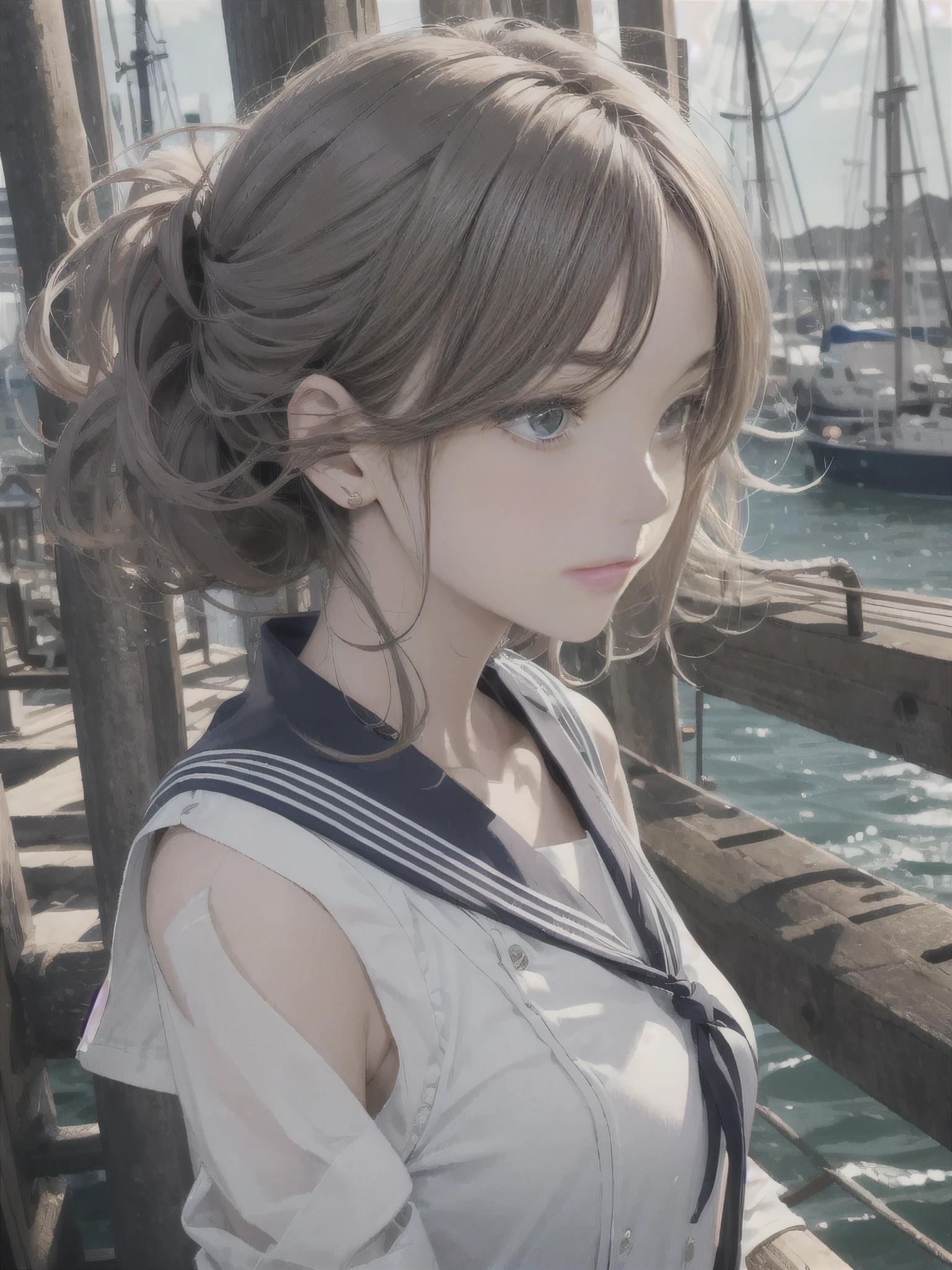 Woman in her 20s, alone, white sailor suit, ((sailor color)), wharf, strong wind blowing, cute hairstyle, looking at shoulders from the side close-up, sad expression