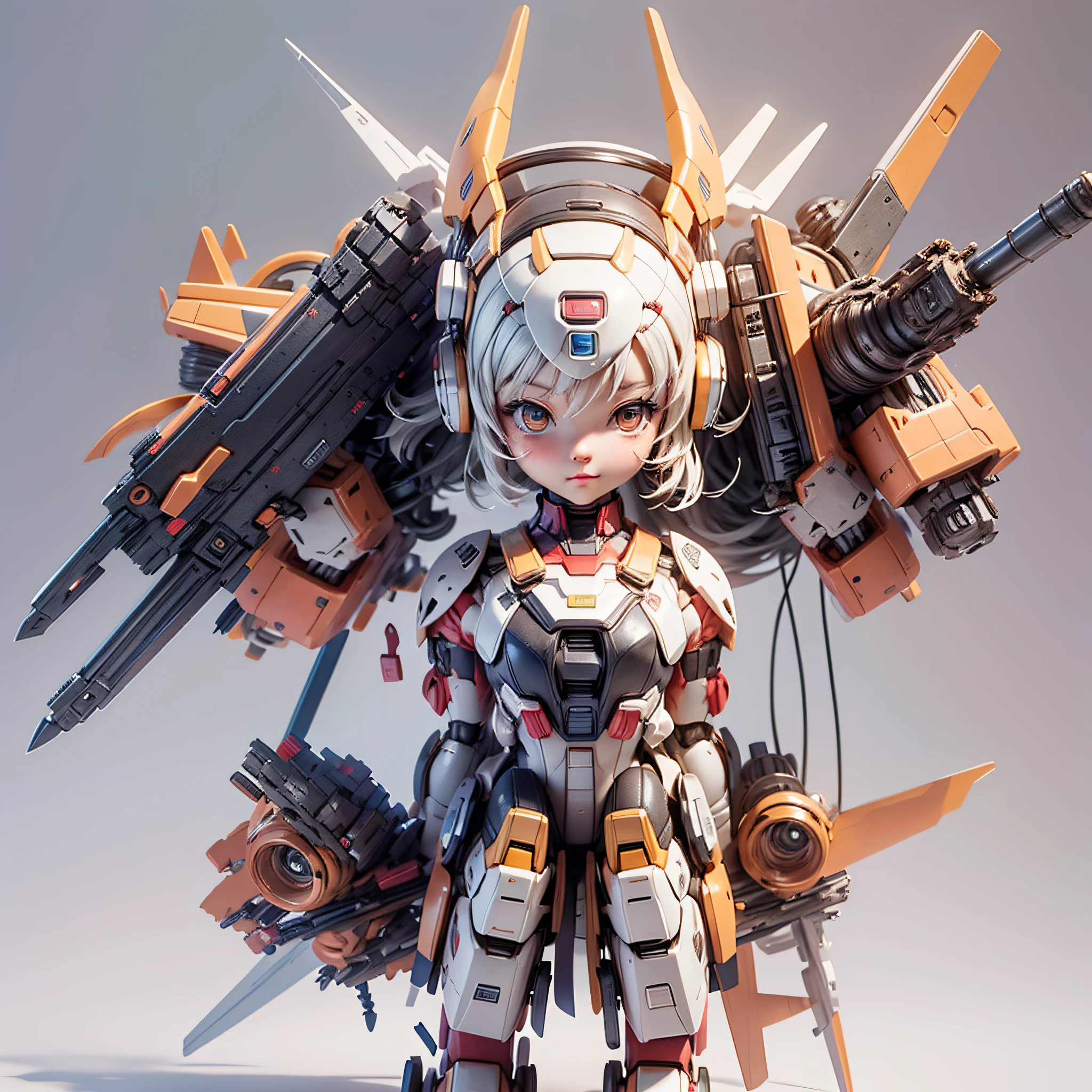 There is a mini Gundam mech, cute, 3d rendering, little robot, portrait female anime, cute 3d anime rendering, cute detailed digital art, mini cute mech, 3d rendering stylized, 3d rendered character art 8k, cute digital painting, anime style 3d, super detailed rendering, weapon in hand,