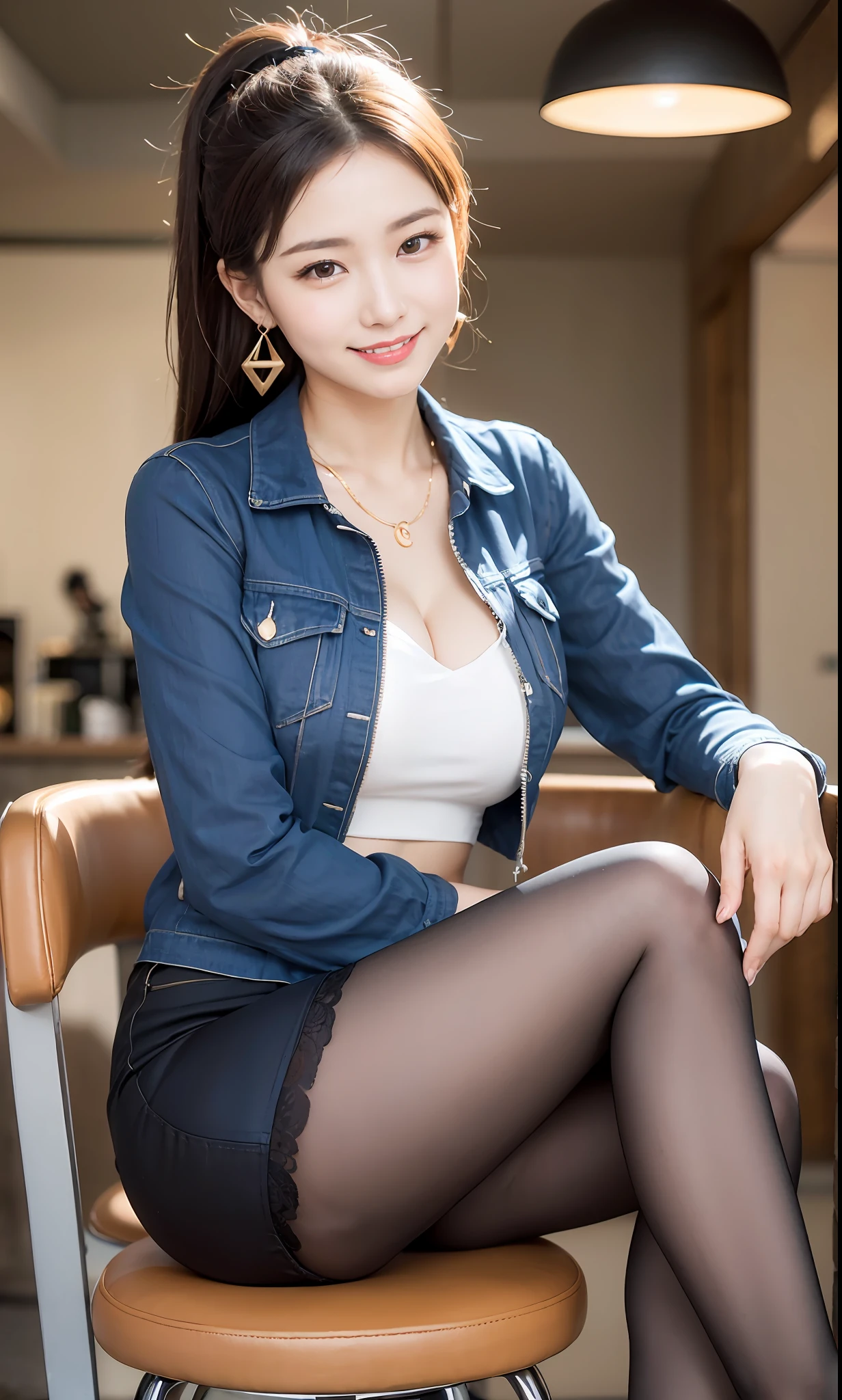 Delicate, Masterpiece, Beautiful Detail, Colorful, Fine Detail, Detail, Detail, Big Breasts, 1 Woman, (20 Year Old Beautiful Korean Woman: 1.1), (KPOP Idol, Korean Mix), (50mm Sigma f/1.4 ZEISS Lens, F1.4, 1/800s, ISO 100, Photo: 1.1), (Ponytail + Blonde: 1.2), Realistic: 1.4), (Spy: 1.2), (dark blue open jacket, shirt, skirt, tie, black pantyhose, Christian Louboutin \ (brand\): 1.3), earrings, necklace, armlets, (tavern: 1.2), (beautiful legs, tall woman, skinny, slim legs, thigh gap, model: 1.2), lens flare, happy smile from the front: 1.1), Dynamic pose, (make: 1.2), sitting on bar stools, Nogizaka idol, Korean idol, actress, gravure idol, armpit, arms crossed, android