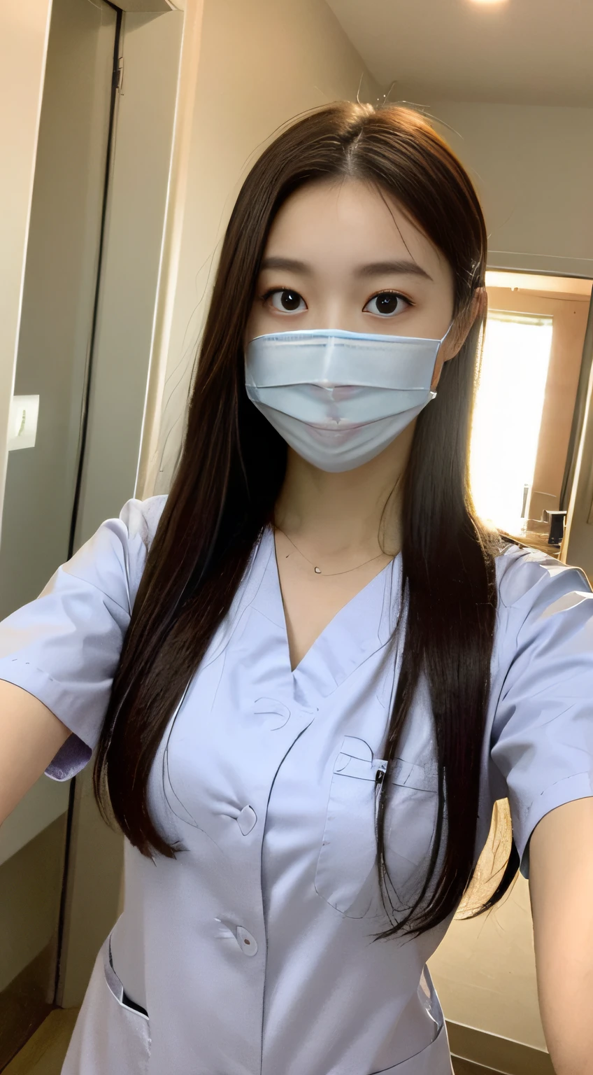 【Daytime, sunshine, hospital gate, doorway, building, street,], hospital, nurse, hall, wear mask, wear surgical mask ((realistic lighting, best quality, 8k, masterpiece: 1.3)), clear focus: 1.2, 1girl, perfect beauty: 1.4, slender abs: 1.1, (dark brown hair)), (outdoor, morning: 1.1), hospital corridor, ultra-fine face, fine eyes, double eyelids,
