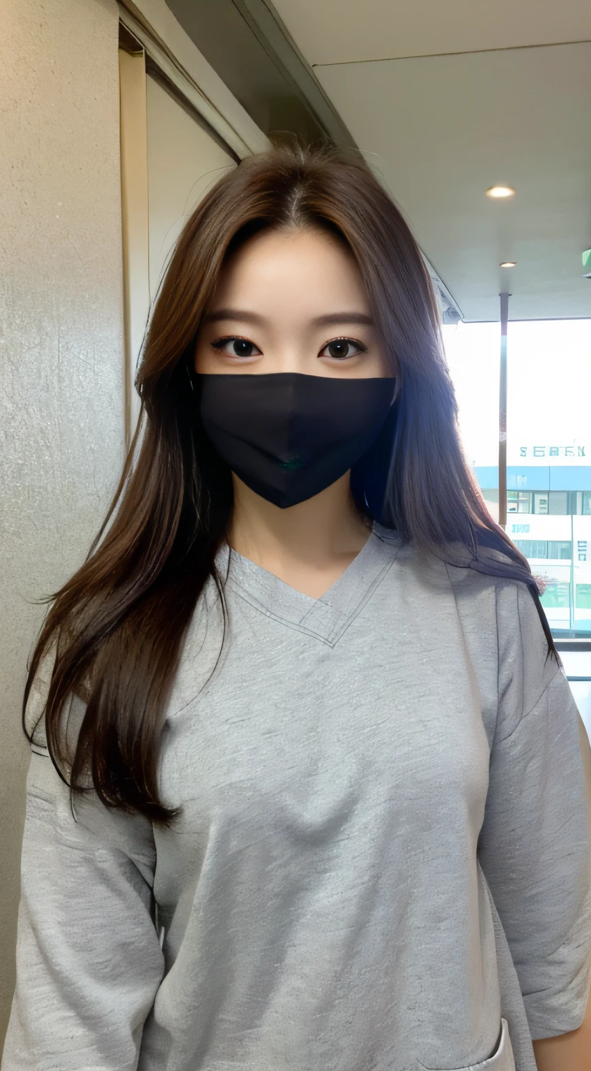 【Daytime, sunshine, hospital gate, doorway, building, street,], hospital, nurse, hall, wear mask, wear surgical mask ((realistic lighting, best quality, 8k, masterpiece: 1.3)), clear focus: 1.2, 1girl, perfect beauty: 1.4, slender abs: 1.1, (dark brown hair)), (outdoor, morning: 1.1), hospital corridor, ultra-fine face, fine eyes, double eyelids,