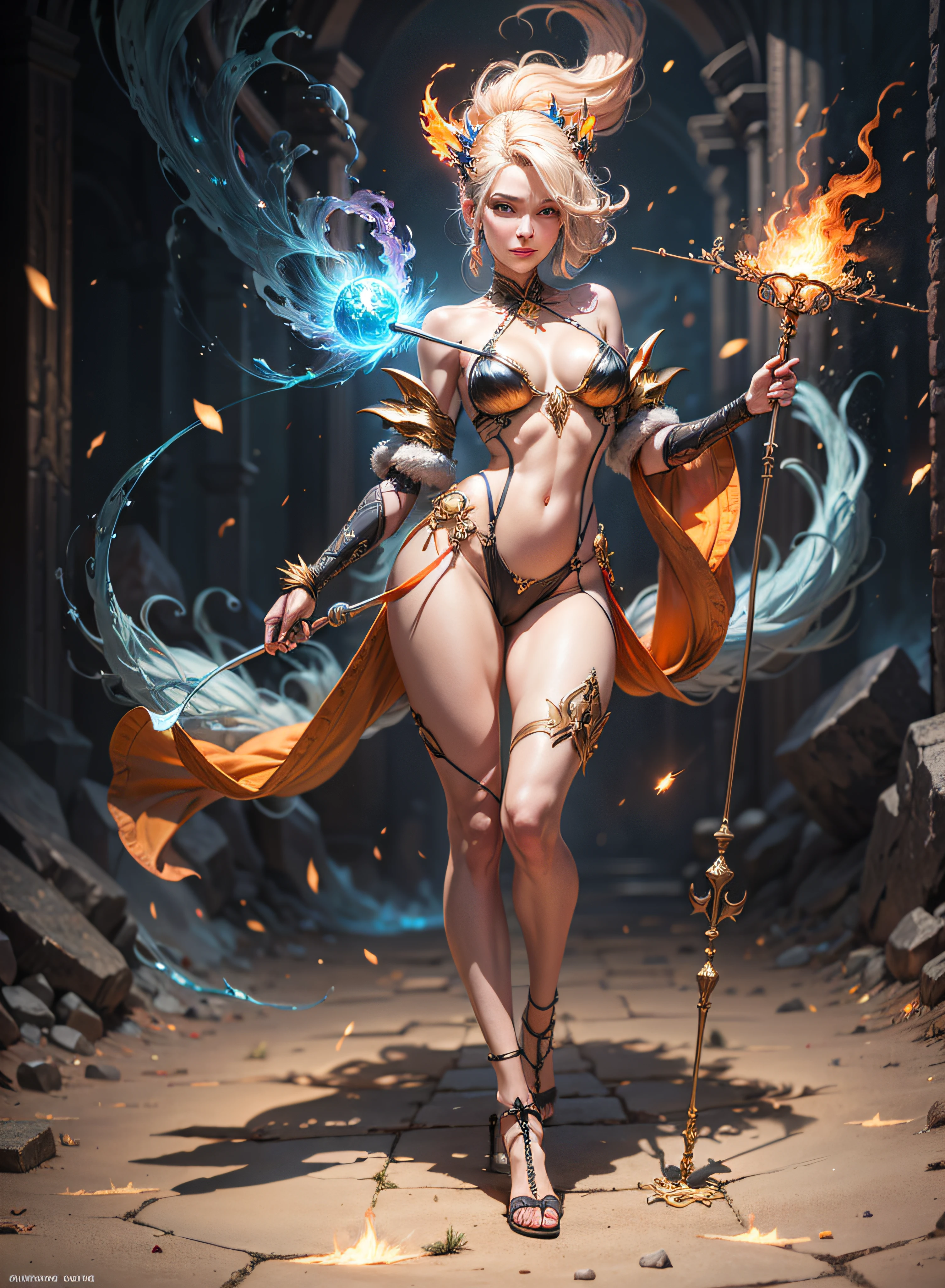 a beautiful demonic sorceress casting a fire spell,((holding a long golden majic staff)), full body, several burning currents around her,(((detailed perfect face))), light smile, beautiful face, seductive body, tall body, mature body, full body, burning aura BREAK, fireballs, dazzling orange and yellow spark around, little blue phoenix flying in the background, lava on the floor, magma, sexy body BREAK, detailed, realistic, 8k highly detailed digital art, octane rendering, bioluminescent, BREAK 8K concept art resolution, realism, by studios Mappa, masterpiece, best quality, official art, illustration, ligne claire, (cool_color), perfect composition, absurdists, fantasy, focused, rule of thirds,