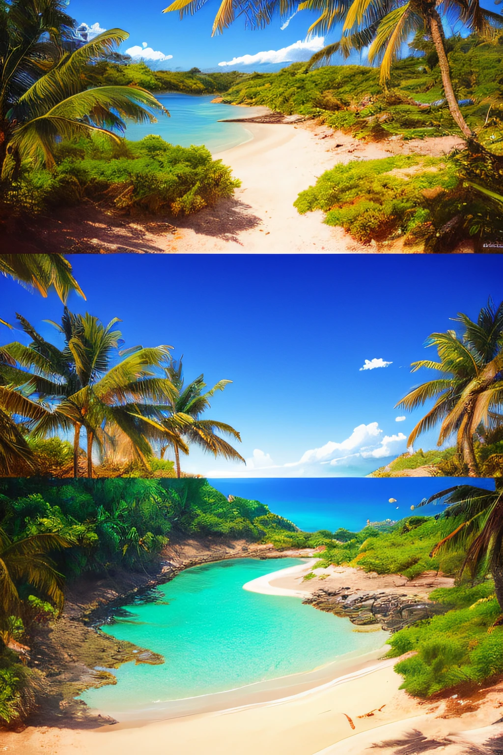 Masterpiece, top quality, high quality, highly detailed 8k wallpaper in CG unit, view looking up from below to top, charming and dreamy scenes of fantasy beach, sea, tropical flowers, sun, palm trees, bright tambourines, artistic stations, digital illustrations, complex, trending, pastel colors, award-winning photos, depth of field, chromatic aberration, photorealistic, highly detailed, Art station trends, CGsociety trends, intricate, detailed, dramatic, mid-journey art
