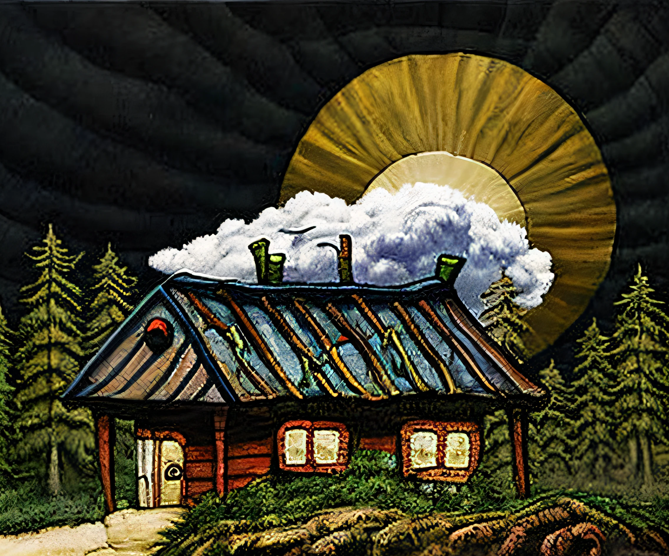 a painting of a house with two clouds and a sun, jxmc style,