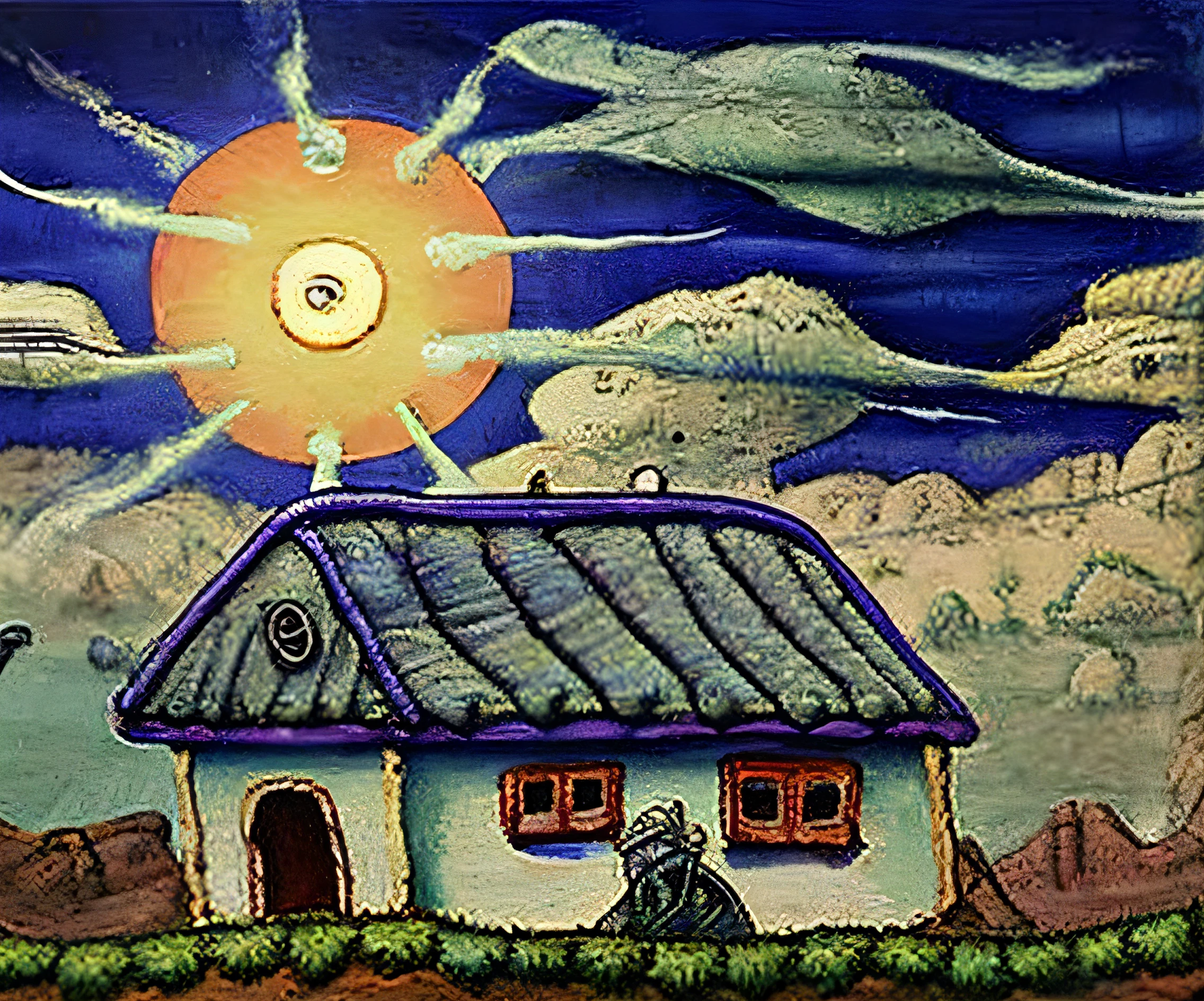 a painting of a house with two clouds and a sun, jxmc style,