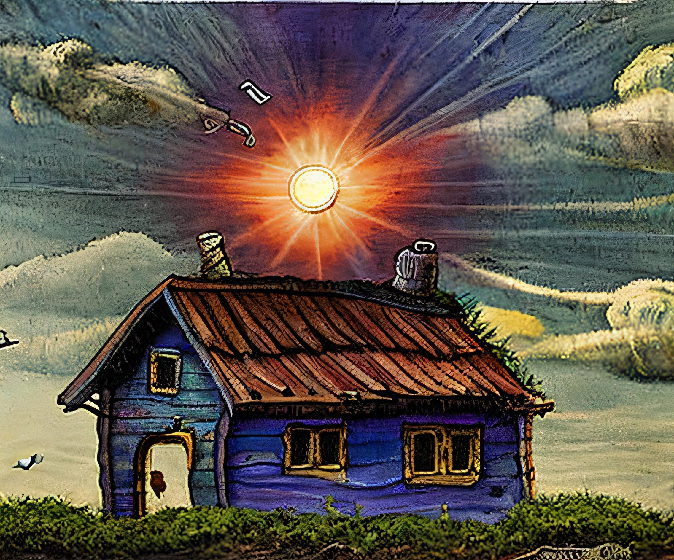 a painting of a house with two clouds and a sun, jxmc style,