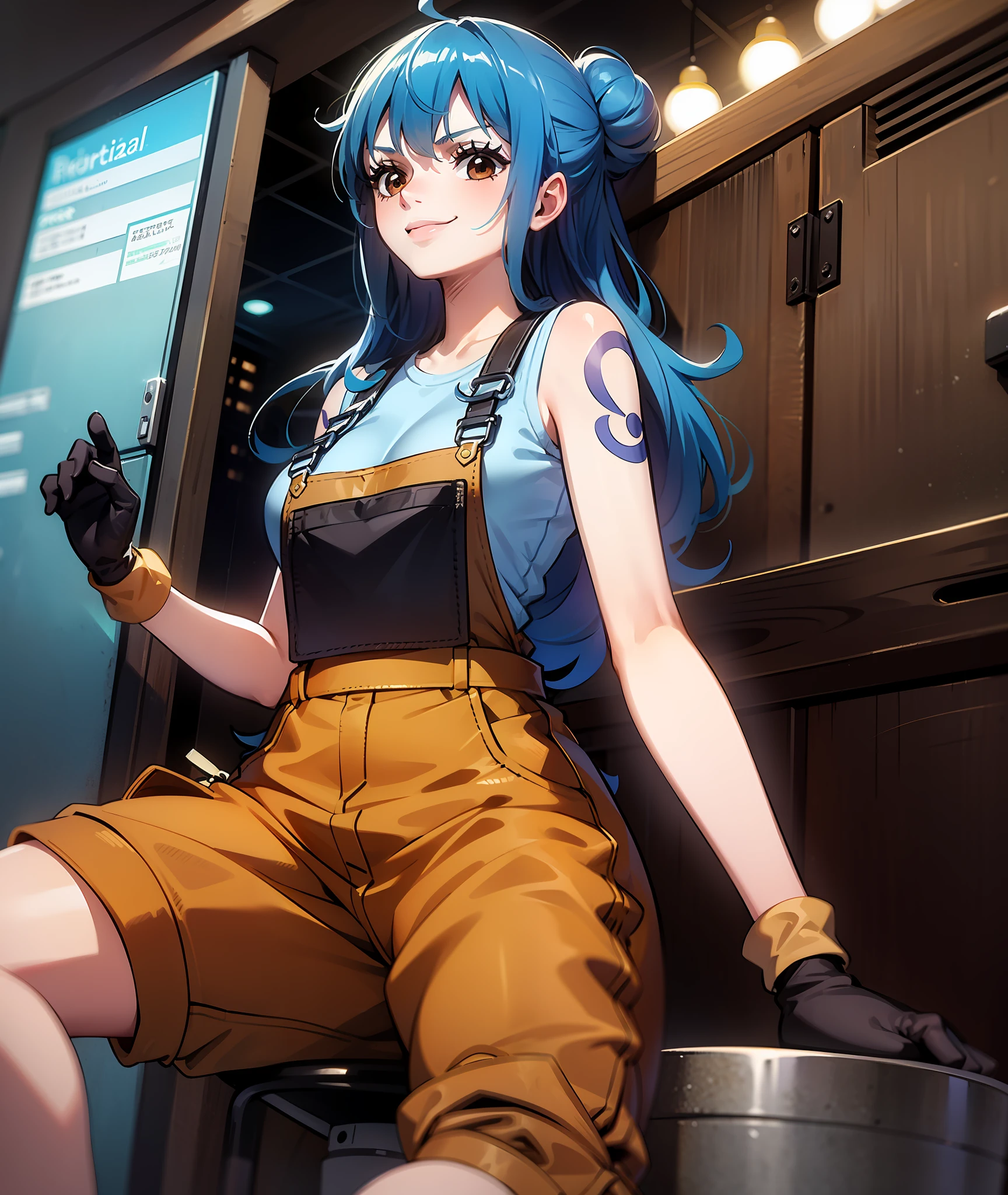 1girl, blue hair, long hair, hair in buns, brown overalls, messy hair, brown eyes, goggles, brown gloves, confident, energetic, engineer, cute, smile