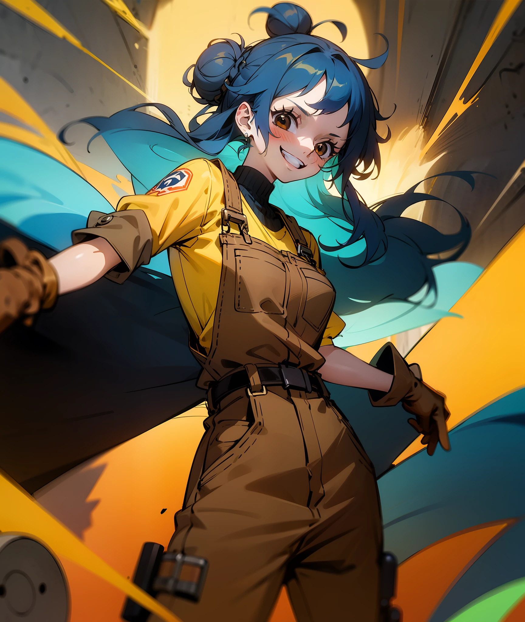 1girl, blue hair, long hair, hair in buns, brown overalls, messy hair, brown eyes, goggles, brown gloves, confident, energetic, engineer, cute, smile