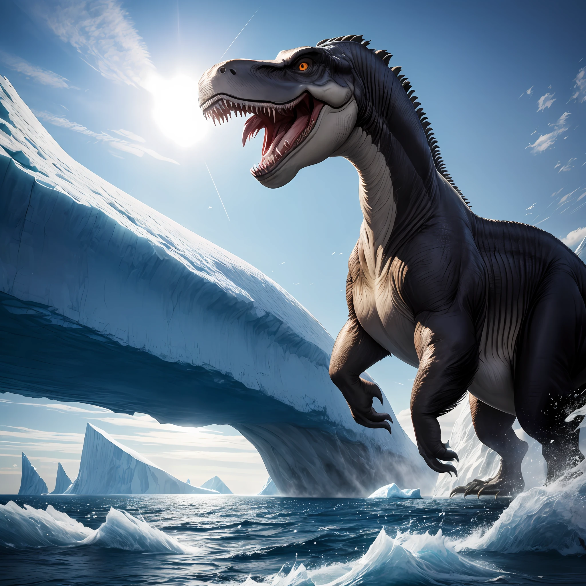 style of photograph, Tyrannosaurus rex, high quality, outstanding work, 4k, rich in detail, huge iceberg, majestic, fierce, solo, panorama, atmospheric perspective, high details, best quality, 电影视角 --auto