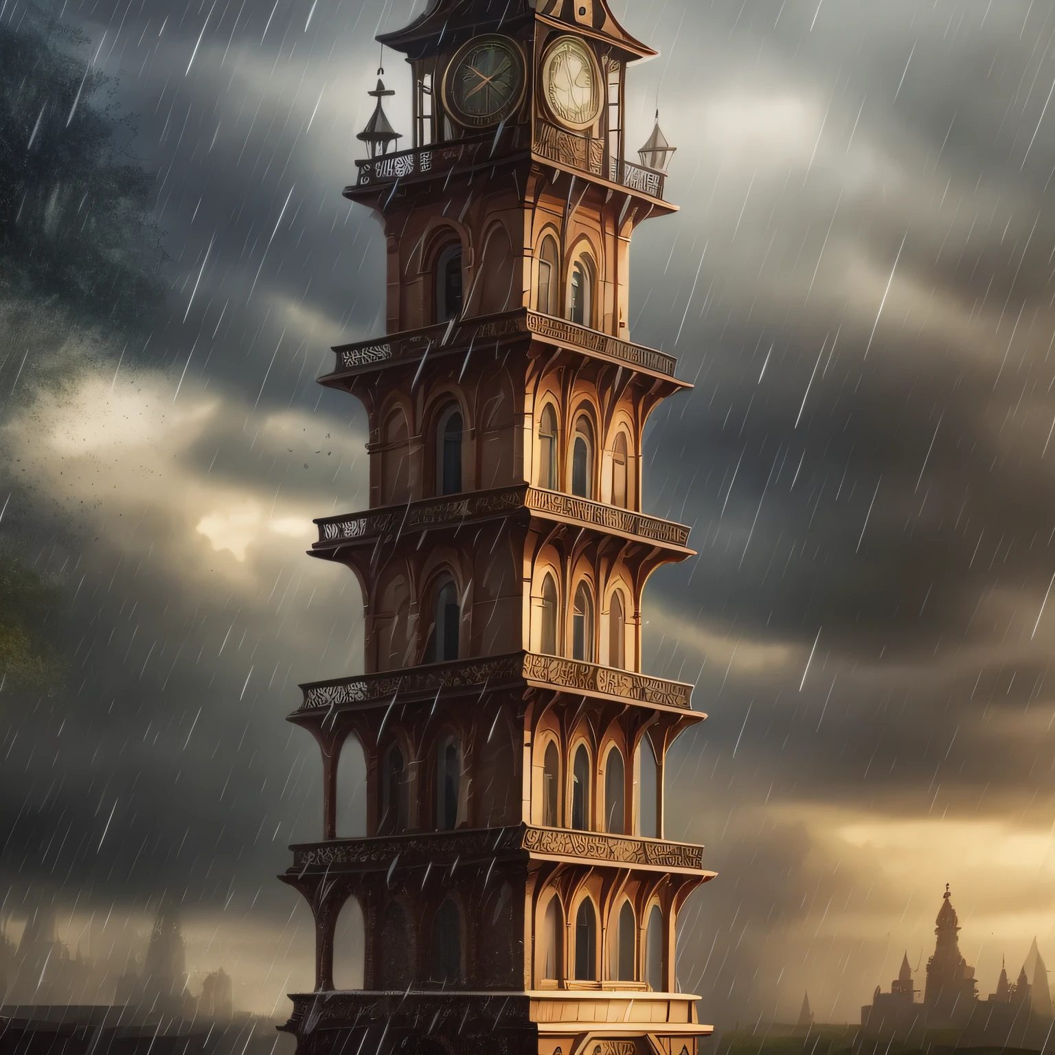 ["Let's create a Tower with a clock on top, rain falling, the scene is breathtaking, a work of art in 8k"]