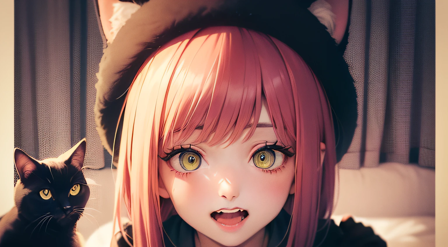 An anime girl with pink hair and green eyes with a surprised expression on her face and a black cat hat, (1girl:0.992), (:d:0.583), (bangs:0.701), (blush:0.584), (Green Eyes: 0.992), (Looking at the Audience: 0.711), (Open Mouth: 0.760), (Pink Hair: 0.917), (Ribbon: 0.826), (Short Hair: 0.571), (Smile: 0.855), (Solo: 0.949), (Teeth: 0.770), (Upper Body: 0.760)