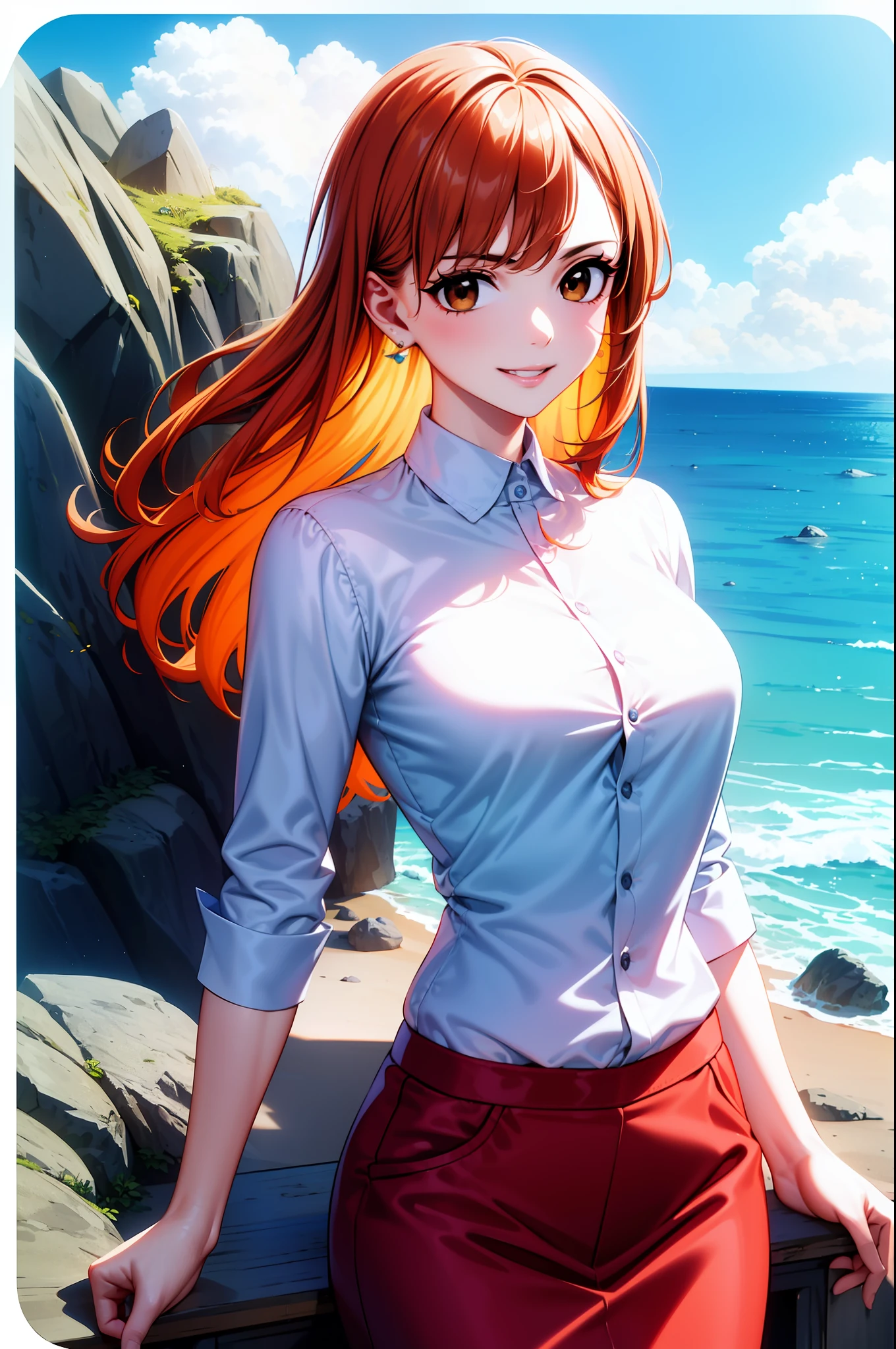 masterpiece, ((ultra detailed background, delicate pattern, intricate detail)), (highly detailed, fine details), best quality, beautiful lighting, ((medium breasts, slim girl)), NamiV3, ((white shirt, red skirt)), bavarian outfit, simple shirt, 1girl, orange hair, solo, long hair, jewelry, brown eyes, smile, earrings, blue tattoo, (complex detailed background, barren land, rocks, ocean, oustide, nature environment), (cowboy shot),