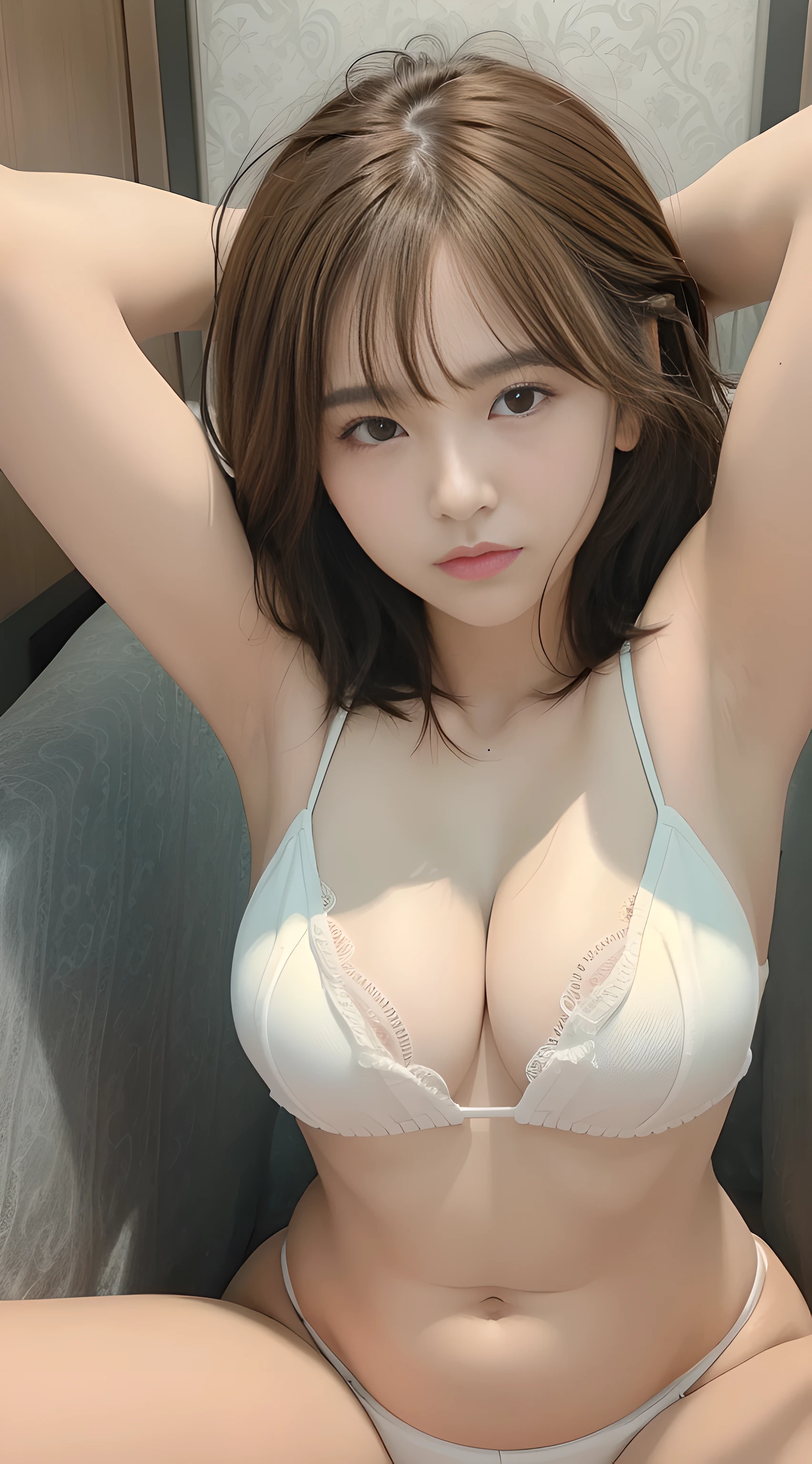 ((top quality, 8k, masterpiece: 1.3)), sharp focus: 1.2, perfect figure, pretty woman: 1.4, ((layered haircut, big: 1.2)), (white bikini: 1.1), highly detailed face and skin texture, smile: 1.2, black short-cut hair, sleepy face, yawn, arms folded behind the head, show sides, tilt the neck, lie on the bed, spread your legs, fat