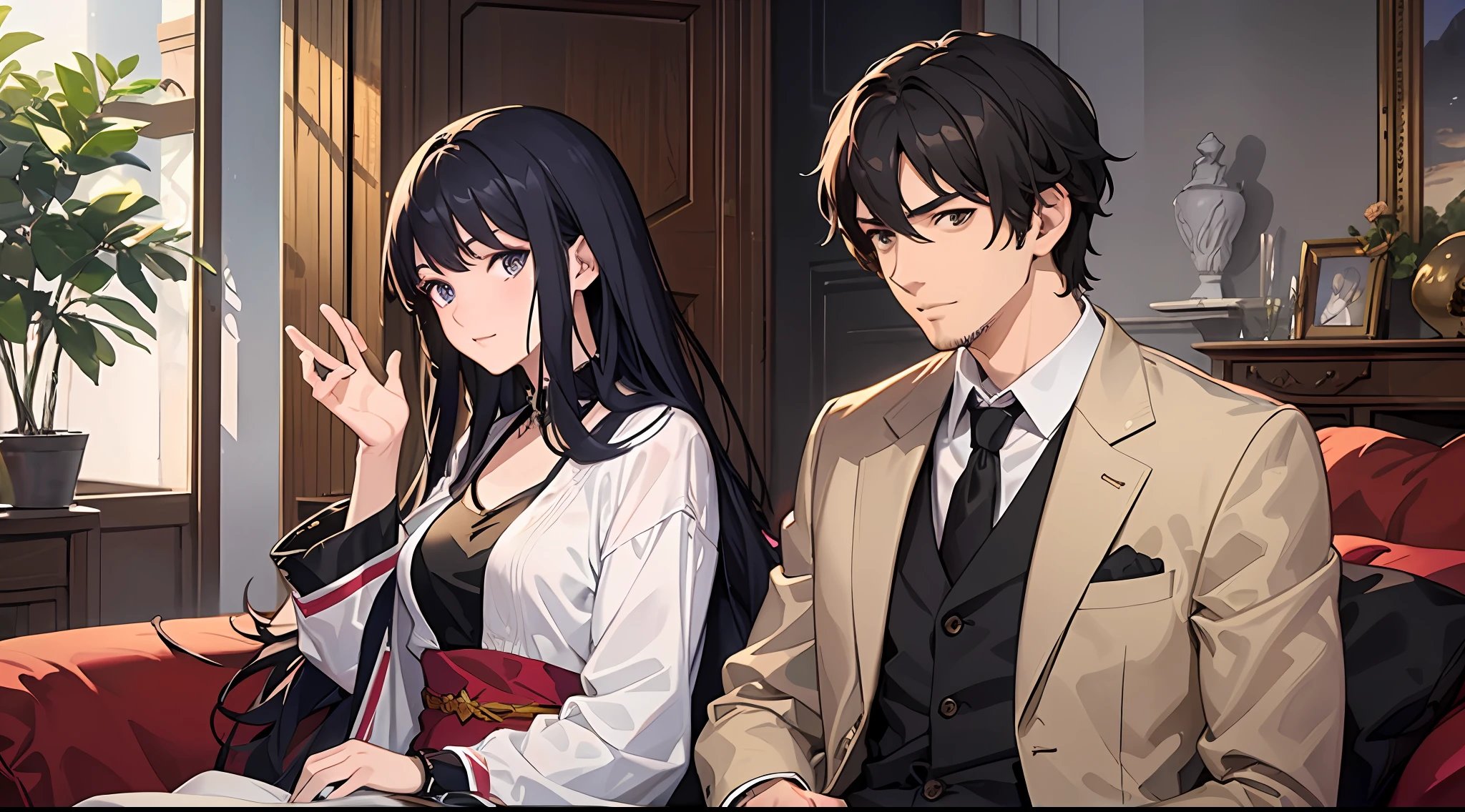 A handsome middle-aged man with short hair, a middle-aged man in a suit, and a beautiful middle-aged woman with long black hair, in a villa, sitting on the sofa in the distance of the living room, the perspective looks into the villa from the door of the villa, very luxurious decorations, vistas, exquisite facial features, clear facial expressions, detailed digital animation art, digital animation art, high-quality anime art style, handsome anime poses, smooth anime CG art