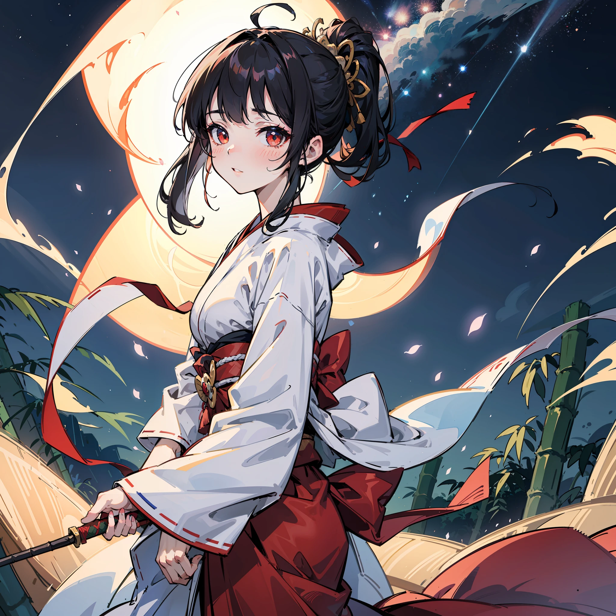 master-piece,hyper quality, hyper detailed,perfect drawing,Solo, Beautiful Girl, Samurai,in yukata,Black Ponytail, Hair tied up with a large red ribbon, Equipped with two Japan swords,blush (0.2), night view, coolness, bamboo, tanabata, milky way, summer triangle, scenic, wind current, elegance, beautiful background, accurate drawing, detailed drawing
