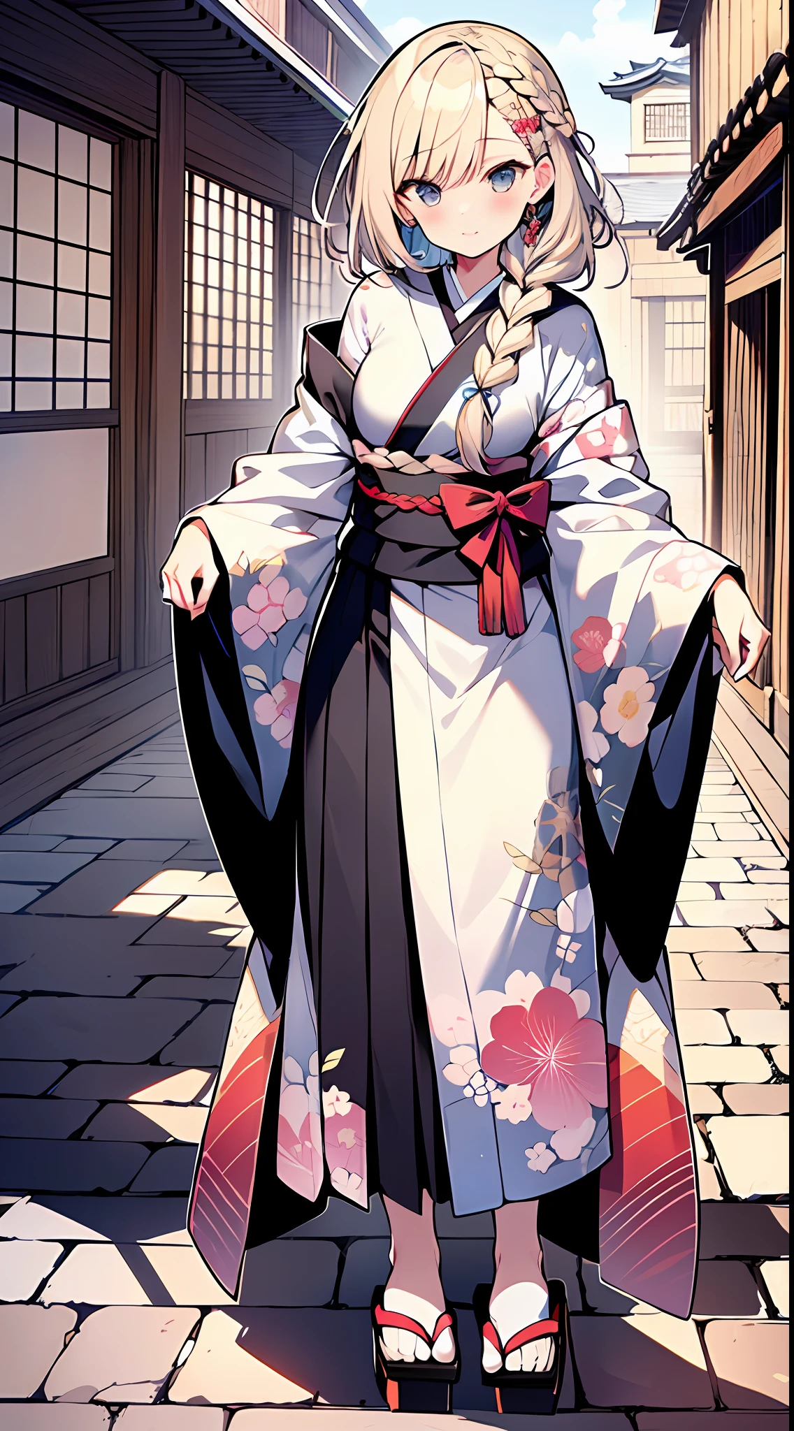 (incredibly absurdres absolutely resolution: 1.5), top quality, masterpiece, ultra high resolution, 8k, (multiple girls), (light colored kimono, geta) break shoujo manga style, (), soft line art, digital enhancement, shojo manga touch, environmental change scene, shojo manga core, (((hair length to shoulder))) , ((((short braid))), Japan ancient capital, full body viewing angle, entangle, beautiful and aesthetic: 1.5, high quality: 1.3