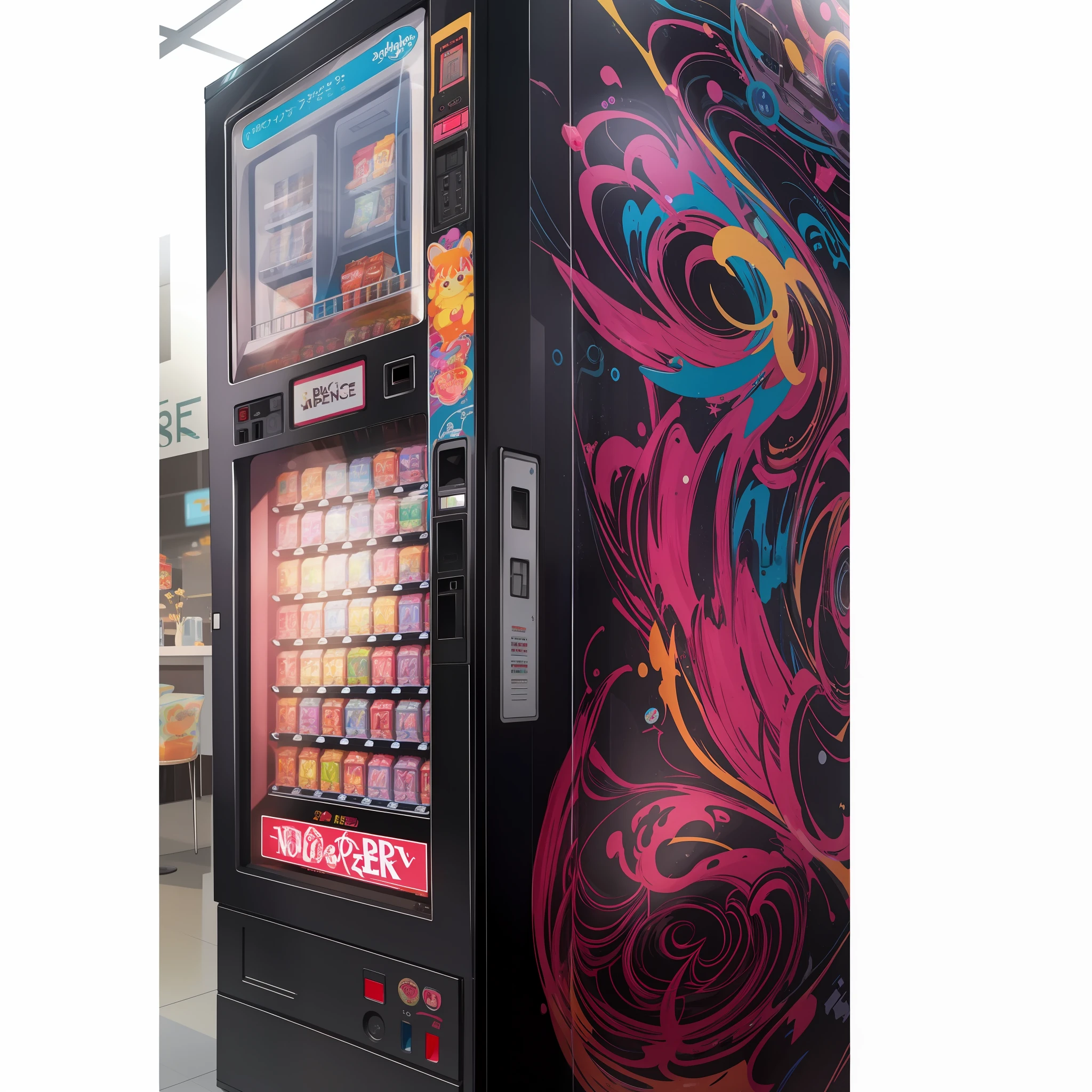 There is a vending machine, vending machine, vending machine, sci-fi vending machine, sci-fi vending machine, competition winning masterpiece, Lisa Frank and Sho Murase, snake machine, Beeper and James Jean, color surrealist, shepard fairley, coffee machine, austin English, broken vending machine
