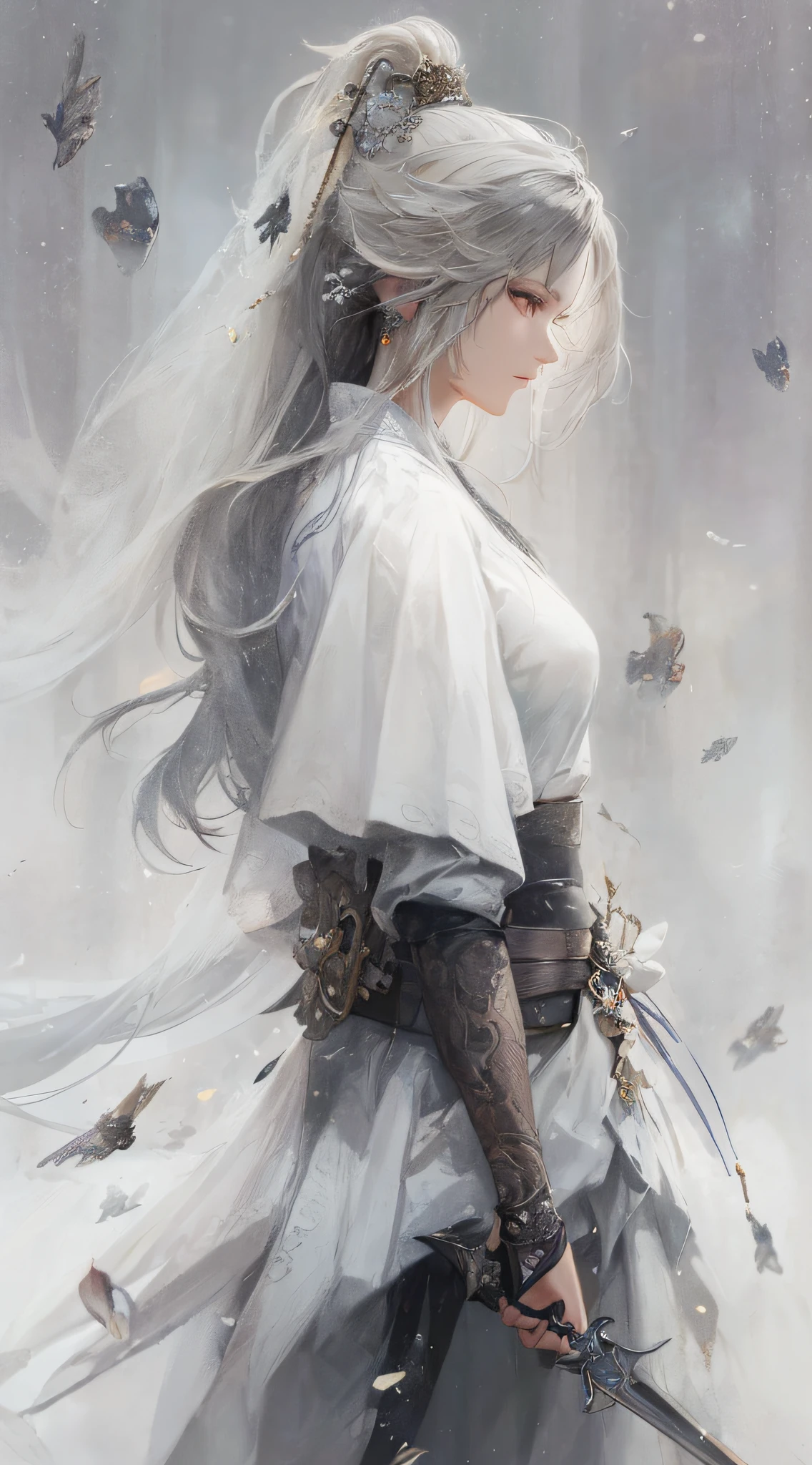 a close up of a woman with a sword in a white dress, a character portrait by Yang J, trending on cgsociety, fantasy art, beautiful character painting, artwork in the style of guweiz, guweiz, white hanfu, flowing white robes, full body wuxia, epic exquisite character art, stunning character art, beautiful female assassin