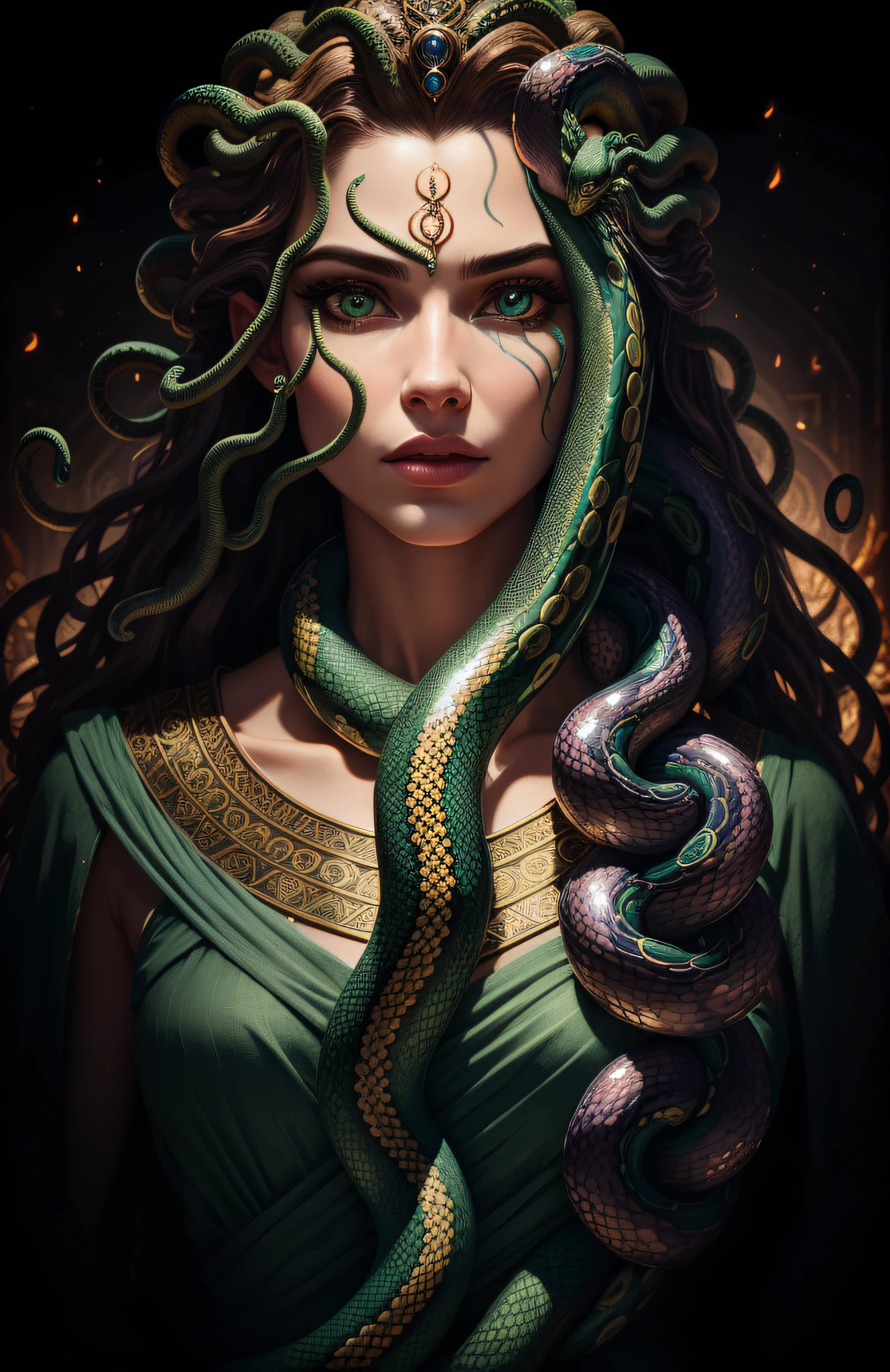 ((best quality)), ((masterpiece)), ((realistic)), Medusa, full body, the hair is composed of countless small snakes, green eyes, female face, metal carved top, royal aura, trend on artstation , sharp focus, studio photo, intricate detail, very detailed, detailed eye, illustration, very detailed, sharp focus, digital render, professional, 4k