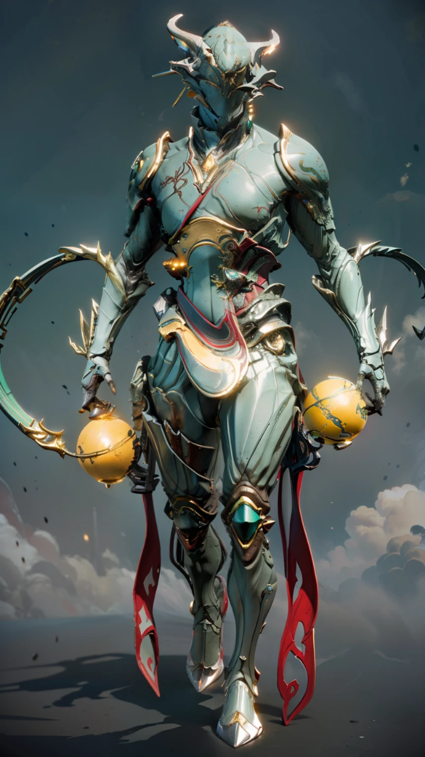 solo, super fine photo, full body picture Unreal Engine 5 8K UHD, male, thin, ash grey and forest green color scheme armor, green color details, yellow green tattoo details, headless, shiny orb replace the head, 4 long arm, majestic design, best quality, masterpiece, official art, unified 8k wallpaper, high detailed, sharp focus, flying pose, body parts, concept character art