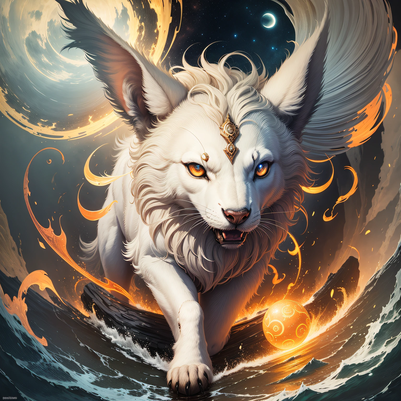 Masterpiece, best quality, highly detailed, Samoyedskaya, human, furry, canine, (furry), (clear cyan eyes), white hair, white dog tail, (((black sleeves))), white short sleeves with hood, white cropped pants, swirling wind, control ice, outdoors, (((ice)), floating particles, ethereal power, whirlwind video game Genshin Impact, Genshin Impact style,