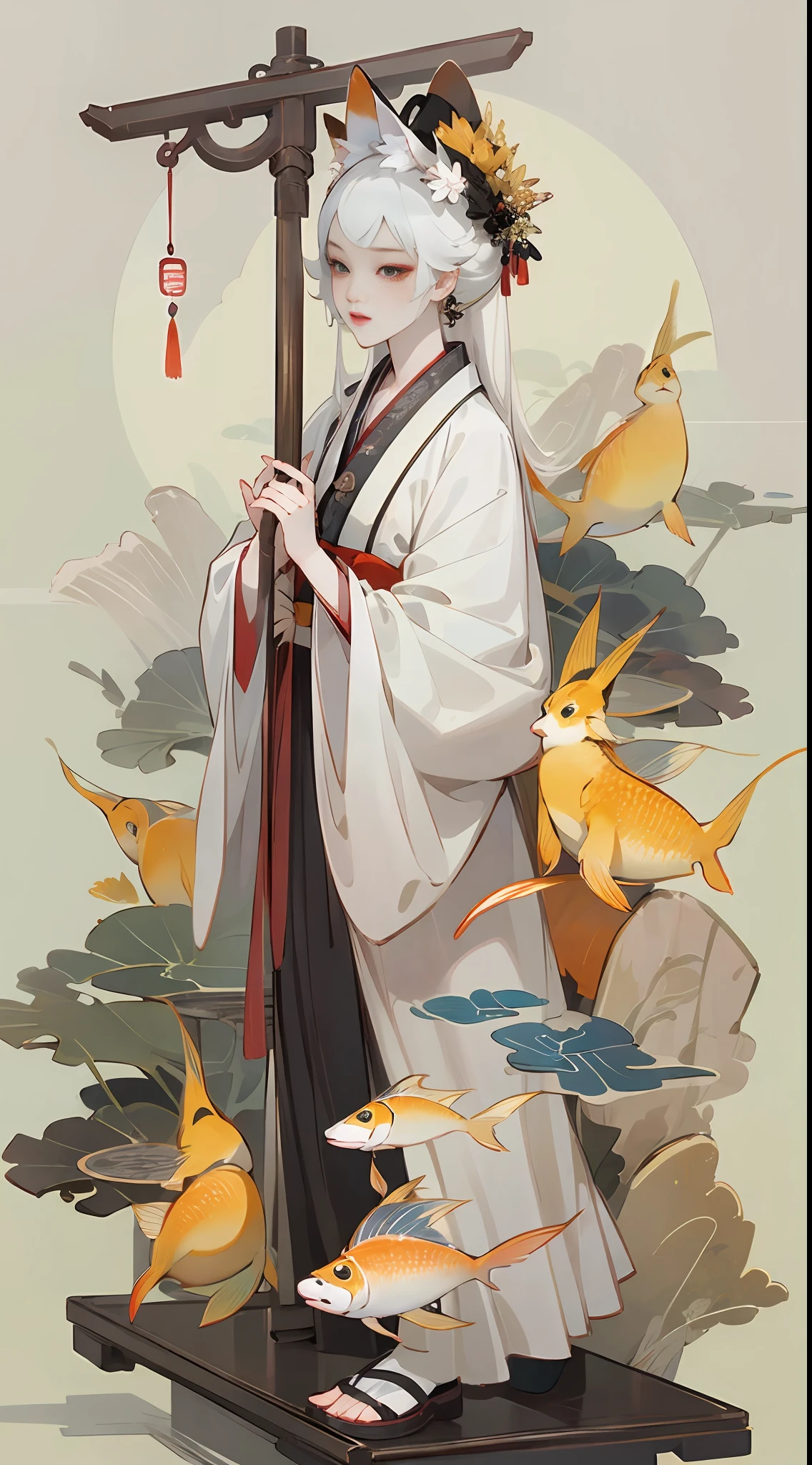 ((4k,masterpiece,best quality)), shuimobysim, Chinese painting, lotus, hanfu, maxiskit, dressed conservative 1 girl, solo, white hair, long hair, fox ears, white, fish, many fish close to girl, --auto