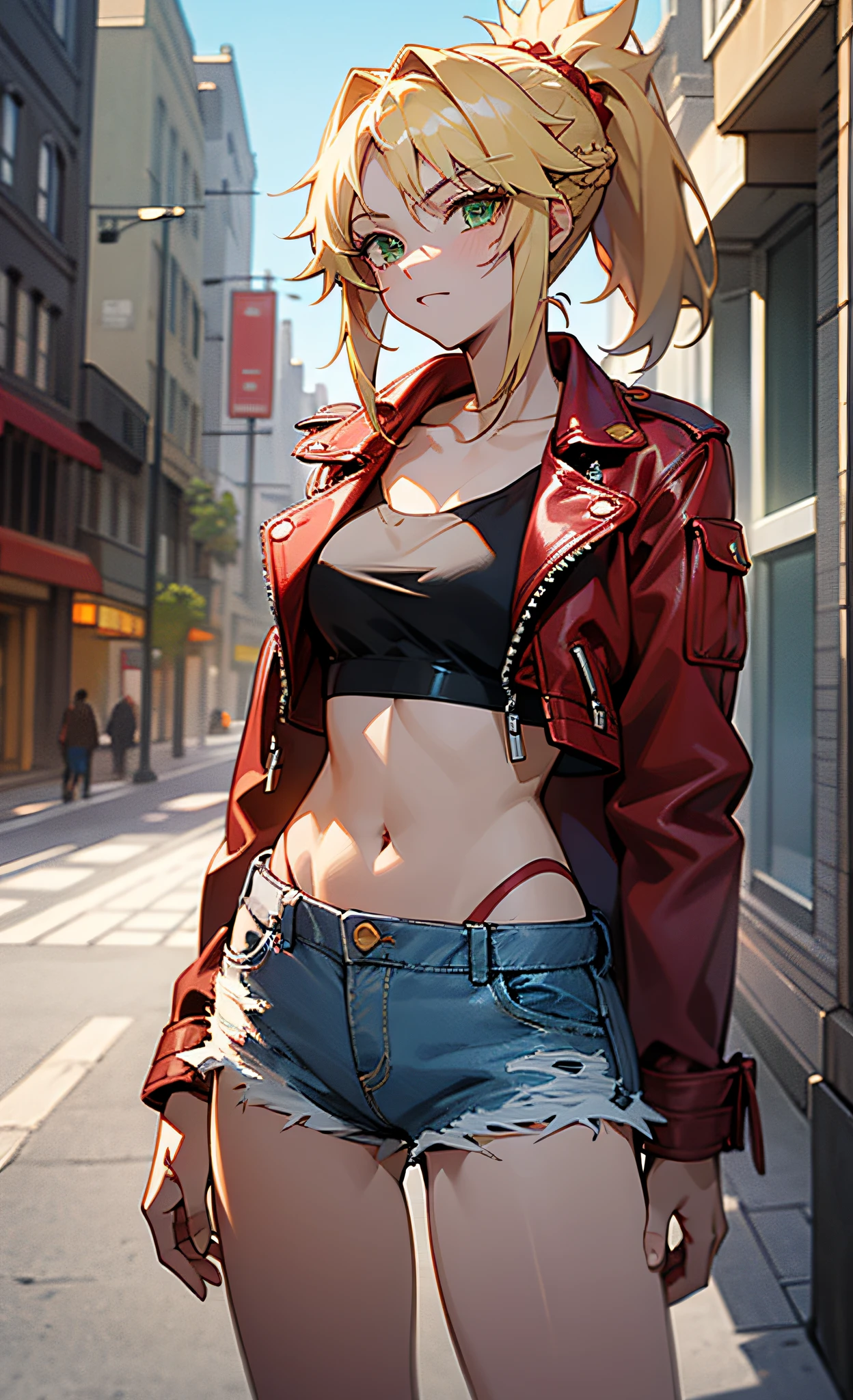 masterpiece, best quality, illustration, city street, 1girl, mordred \(fate\), cowboy shot, skinny, collarbone, detailed blonde hair ponytail braid, green eyes, red leather jacket, white crop top, denim shorts --auto