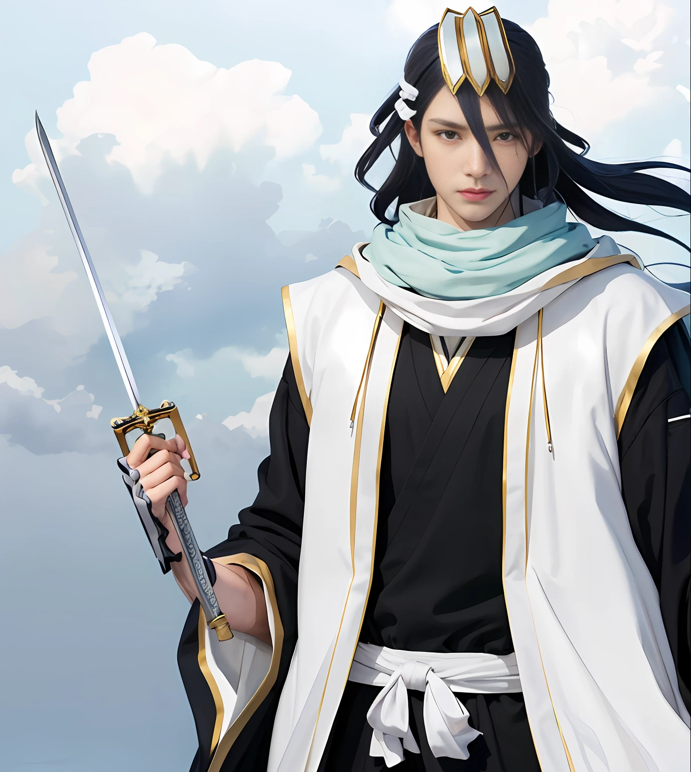 High Details, Highres, 8K, Masterpiece, Anime Character, Long Black Hair Holding Sword, Wearing White Robe, Swordsman, Best Anime Character Design, Inspired by Sanxue Kano, Delicate Facial Features, Perfect Face, Arrogance, Frow, Contempt, Serious, Light Purple Eyes, White Hair Ornament, Mask Material, White Neckscarf, White Divided Hair Ornament, Pride, Look at the Camera