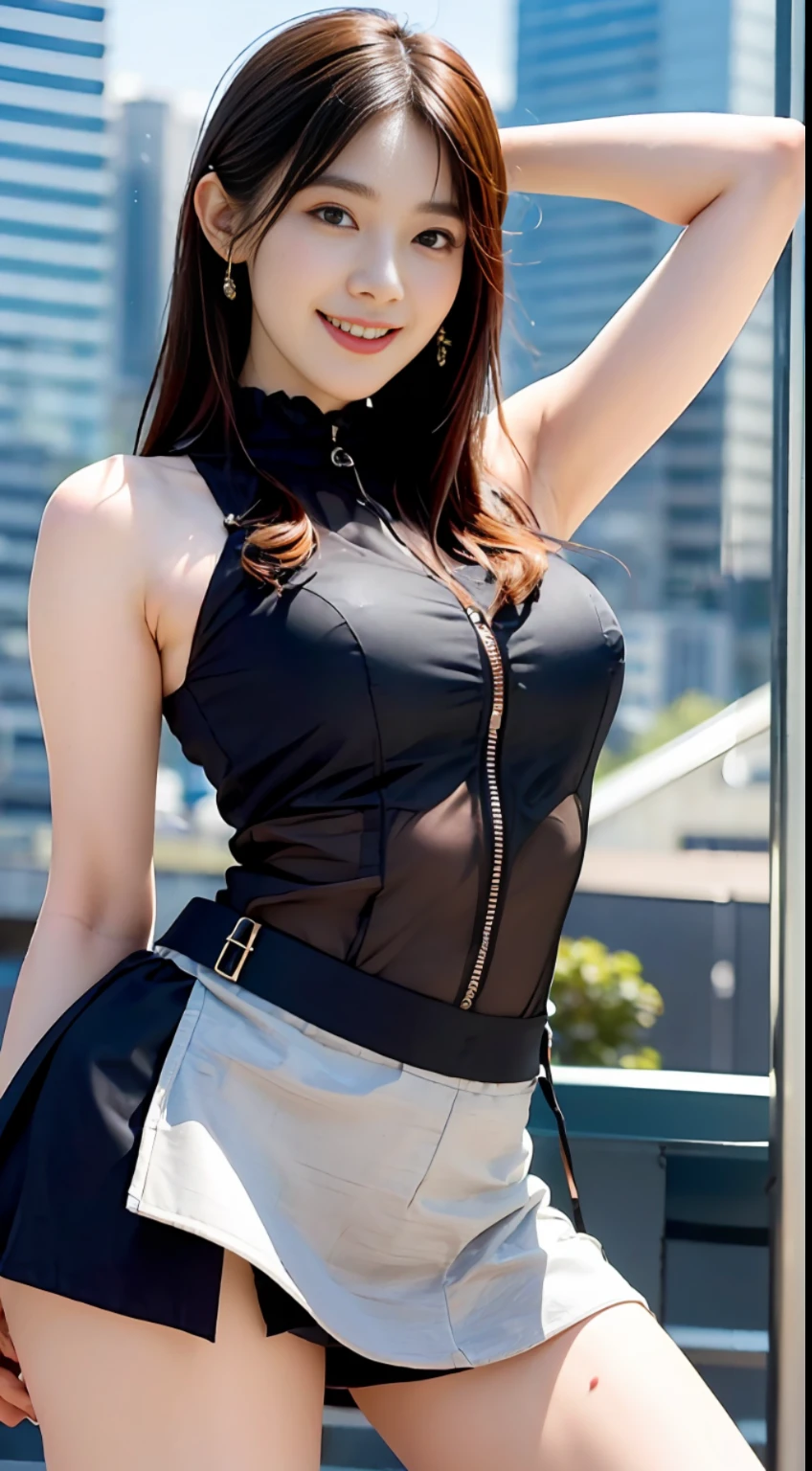 ((Best quality, 8k, Masterpiece :1.3)), 1girl, (Japanese pretty announcer with perfect body), (big breasts, thin waist), black long hair, smile, sleeveless shirt, mini-skirt, weather news, very large display showing city landscape, armpit, Highly detailed face and skin texture,