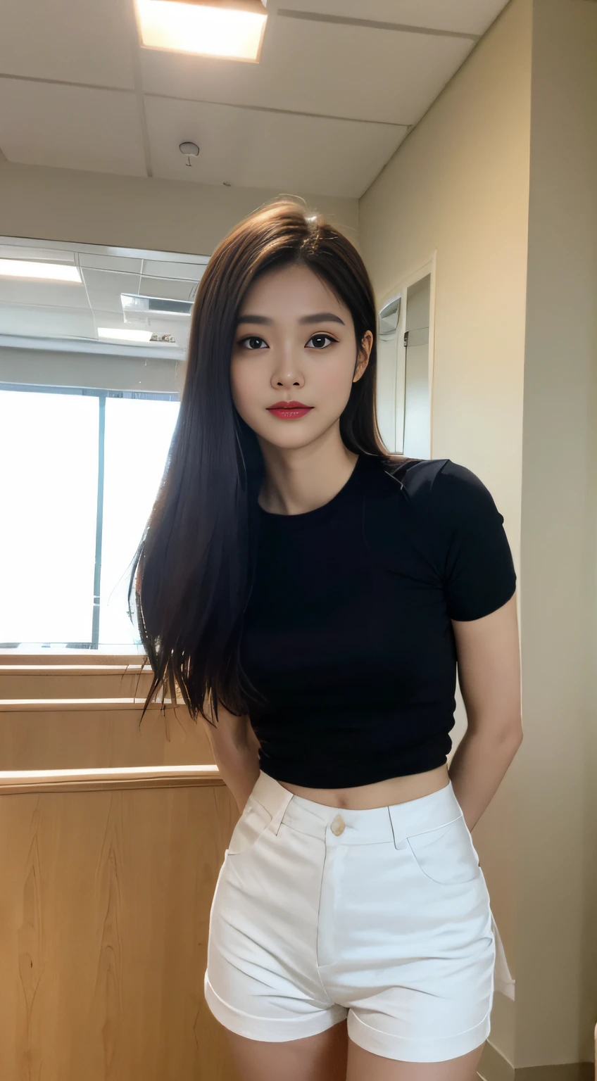 【Night Interior Real Lighting】 【Hospital Hall:2.0 Hall Exterior Counter 】 Slim Abs Hips Cocked Buttocks】 Tongue Cap】 【Black Hair, Dark Brown Hair, Bobo Head, Setback, Long Hair, Layered Haircut】 【Super Fine Face, Round Face】 【Long Eyelashes, Solid Round Eyes, Fine Eyes, Delicate Eyes, Double Eyelids】 【Ear Blush】 【Highly detailed face and skin texture, whitened skin】 【Light smile】 【(Short sleeves, shorts, half-sleeved clothing, surrealism, shadows, relief, atmospheric perspective, 8k super detail, accuracy, best quality, 4k natural light, best quality Realistic lighting, masterpiece, clear focus]