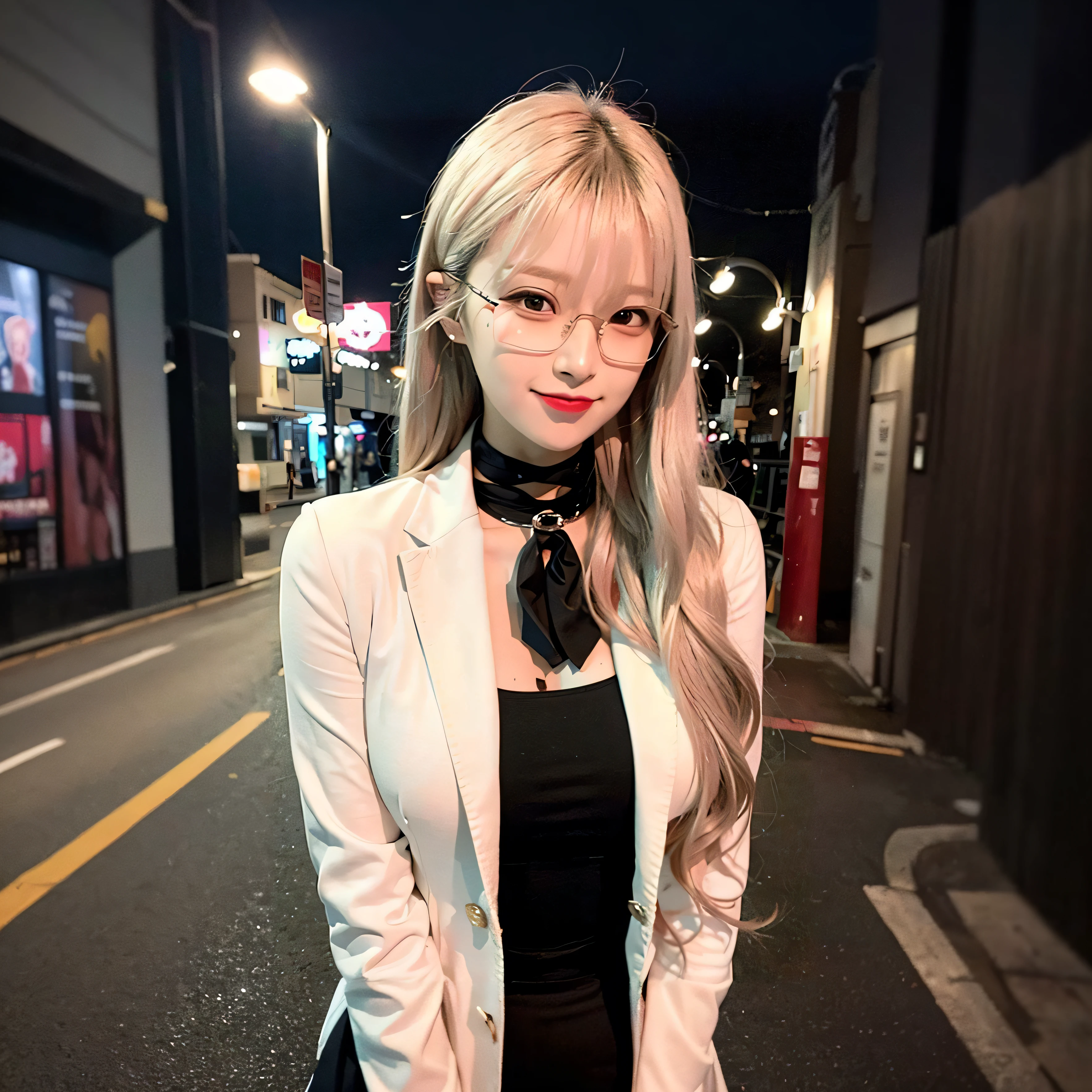 blond woman with glasses and a black tie standing on a street, ulzzang, korean girl, with glasses, heonhwa choe, roseanne park of blackpink, cruel korean goth girl, lalisa manoban of blackpink, jaeyeon nam, wearing a suit and glasses, korean idol, tzuyu from twice, lalisa manobal, perfect white haired girl