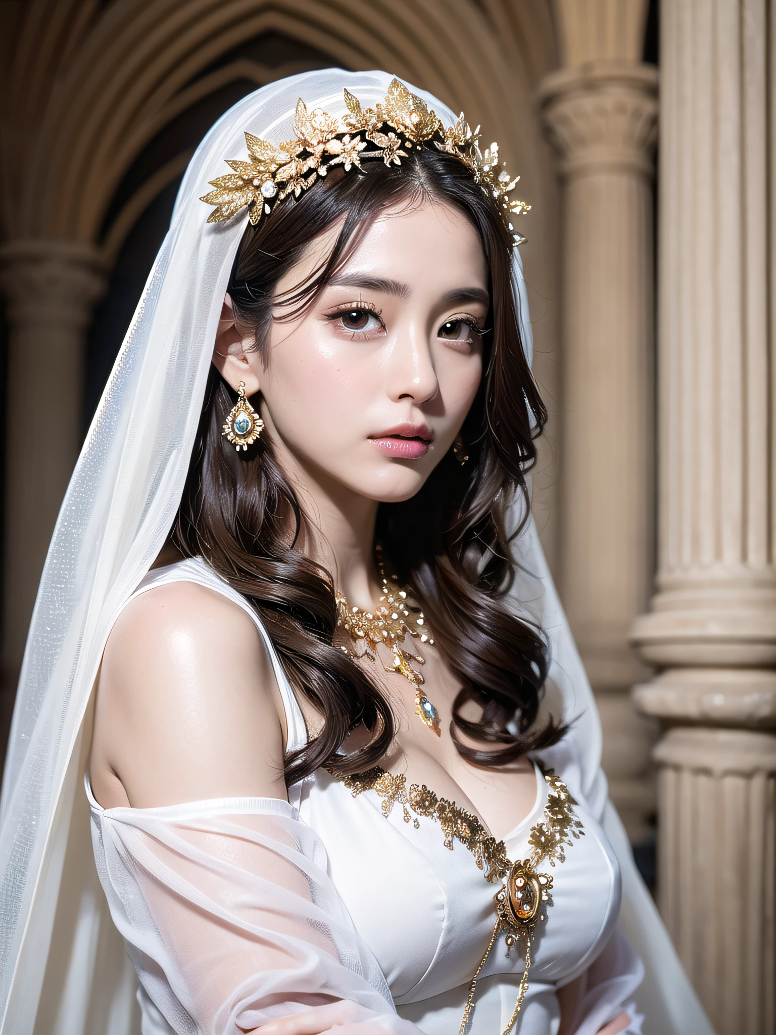 Top Quality, Ultra High Resolution, (Photorealistic: 1.4), Cinema Light, Depth of Field, Beautiful Face, (PureErosFace_V1:0.8), |1 Girl, Fan Bing, Woman in White Dress and Gold Jewelry, Fan Bing Fashion, Colossal, White Cloak, Intricate Design, Cathedral Background, Extra Long Wavy Brown Hair, RAW, Beautiful Women, ((detailed face)), ((detailed facial features)), (fine detailed skin), pale skin, (masterpiece), (perfect proportions), (realistic photos),