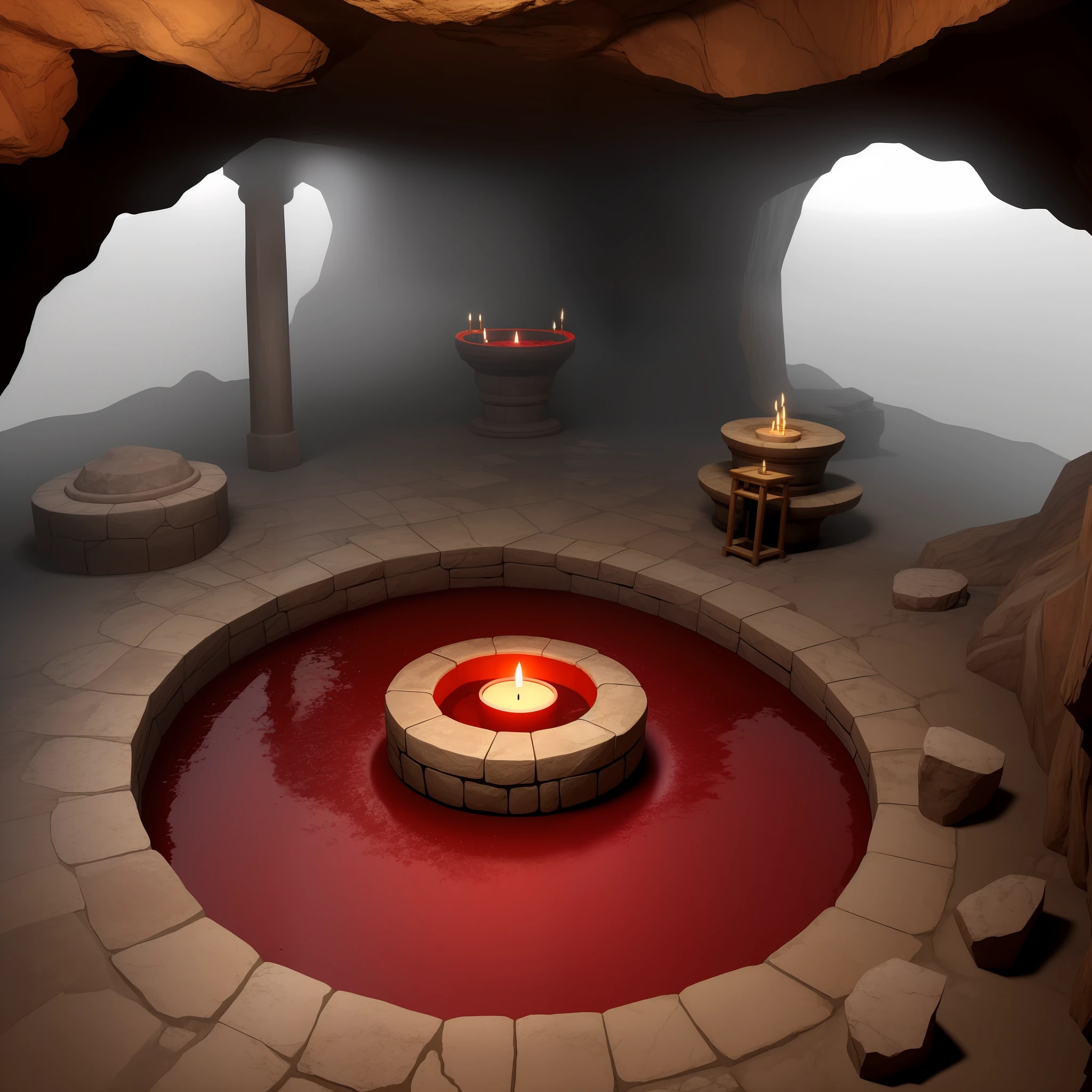 Inside the dim and empty cave there is a circular evil altar, there is a circular blood pool in the center of the altar, and the ground centered on the blood pool is carved with blood-colored runes all over the altar, surrounded by strange blood-colored mist, a person stands in a blood pool, ancient Chinese things