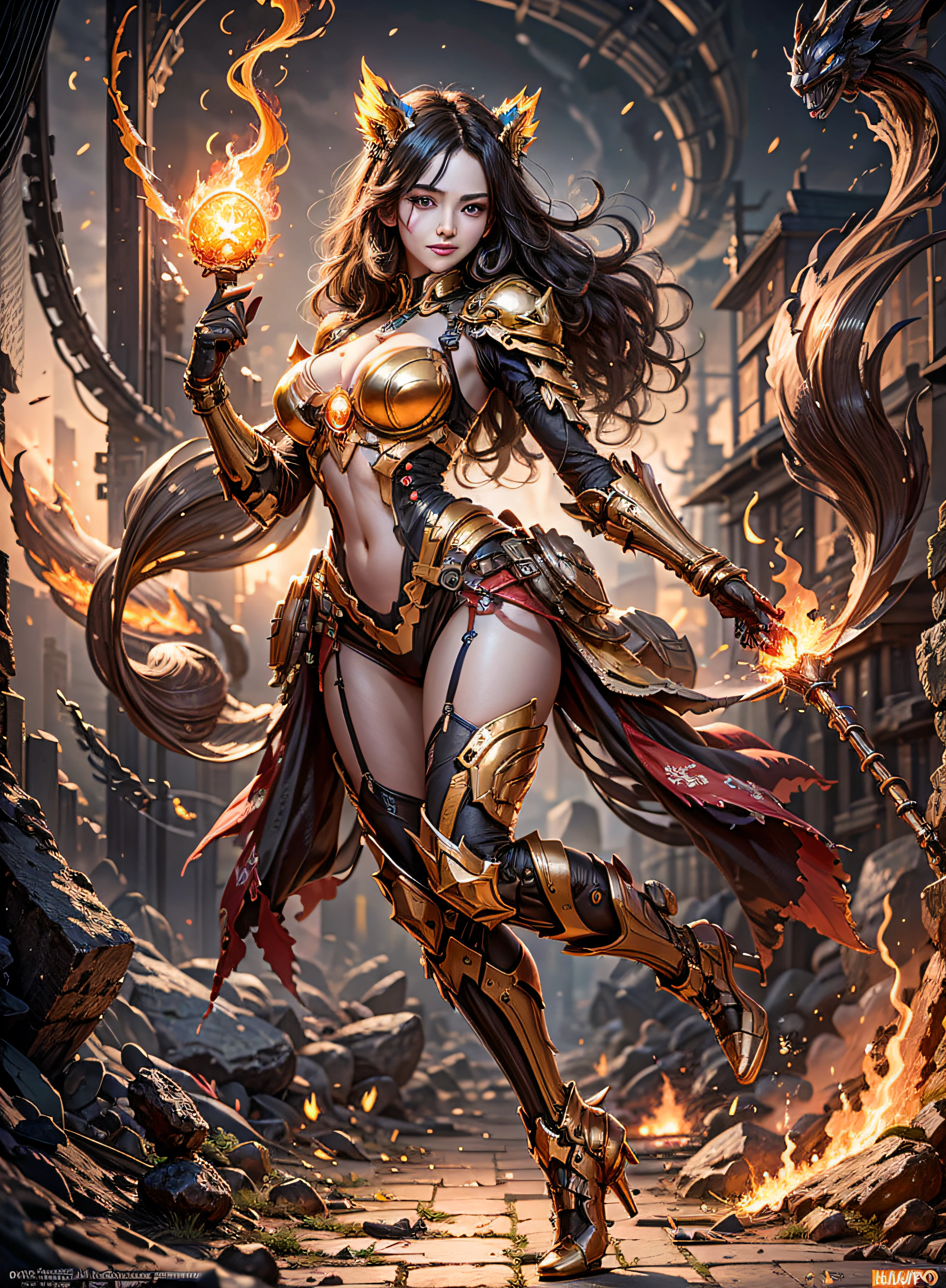 a beautiful demonic sorceress casting a fire spell,((holding a long golden majic staff)), full body, several burning currents around her,(((detailed perfect face))), light smile, beautiful face, seductive body, tall body, mature body, full body, burning aura BREAK, fireballs, dazzling orange and yellow spark around, little blue phoenix flying in the background, lava on the floor, magma, sexy body BREAK, detailed, realistic, 8k highly detailed digital art, octane rendering, bioluminescent, BREAK 8K concept art resolution, realism, by studios Mappa, masterpiece, best quality, official art, illustration, ligne claire, (cool_color), perfect composition, absurdists, fantasy, focused, rule of thirds,