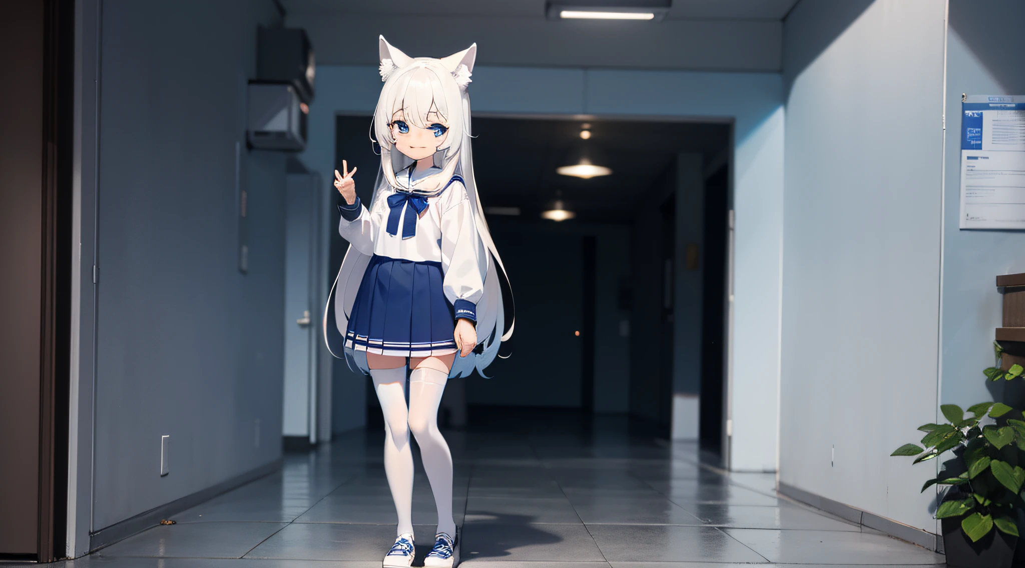 134 cm tall, blue and white pupils, cheerful white long-haired loli wearing blue-white JK, white stockings, head with wolf ears, small short hands, small hands white and tender. She was standing alone and smiling. Full body photo.
